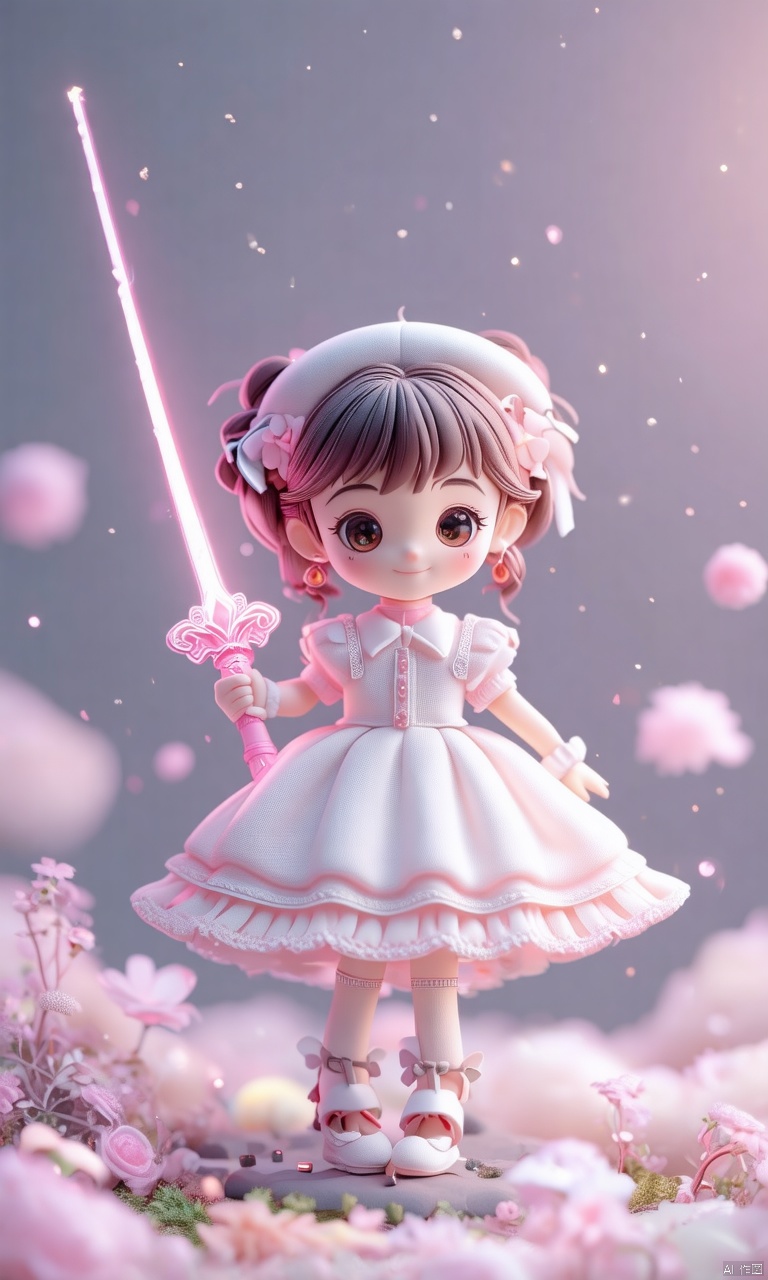 Close-up of the cute hubggirl Felt\(hubgstyle)\ sculpture with with White Lolita outfit ,holding a glowing pink sword upwards, dynamic poses, particle effects, professional 3d model, anime artwork pixar, 3d style, good shine, OC rendering, highly detailed, volumetric, dramatic lighting,
