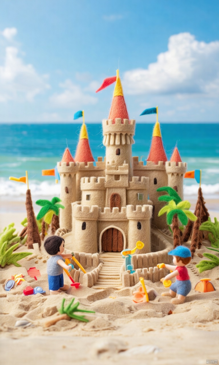 Felt\(hubgstyle)\ children building a magnificent sandcastle on a sunny beach, with detailed towers, moats, and flags, with the ocean waves gently lapping the shore.