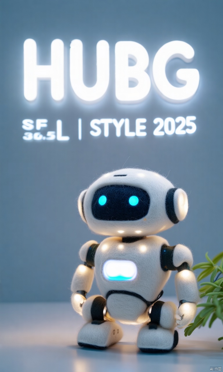 Close-up of the cute robot Felt\(hubgstyle)\ sculpture with illuminated text “HUBG SD3.5L / FELT STYLE 2025” in front of it.