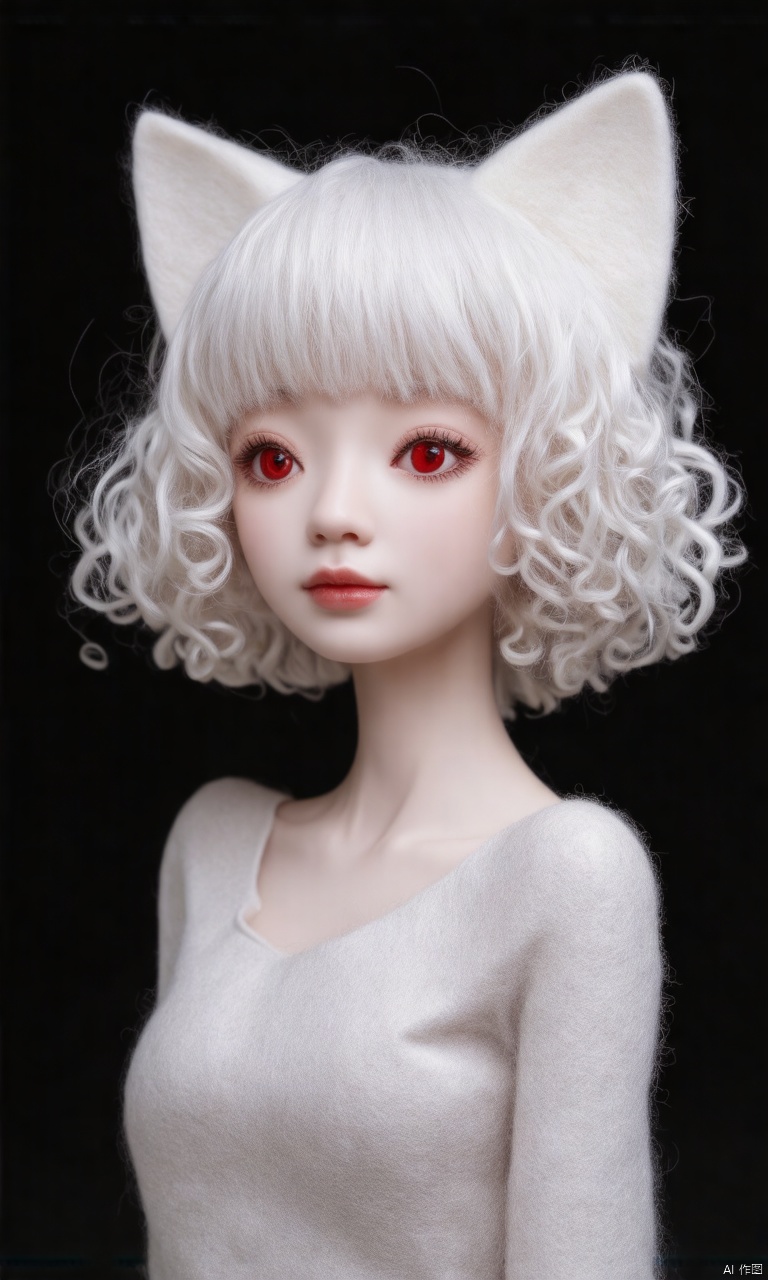 Close-up of the cute hubggirl Felt\(hubgstyle)\ sculpture with an ultra-wide field view. She has short wavy white hair with bangs that falls between her eyes. Her hair is curly. She has cat ears on top of her head and red eyes. She is looking at the viewer with a closed mouth. She is wearing a long-sleeved top. The background is black and the lighting is ultra-dynamic creating amazing shadows and depth of field.