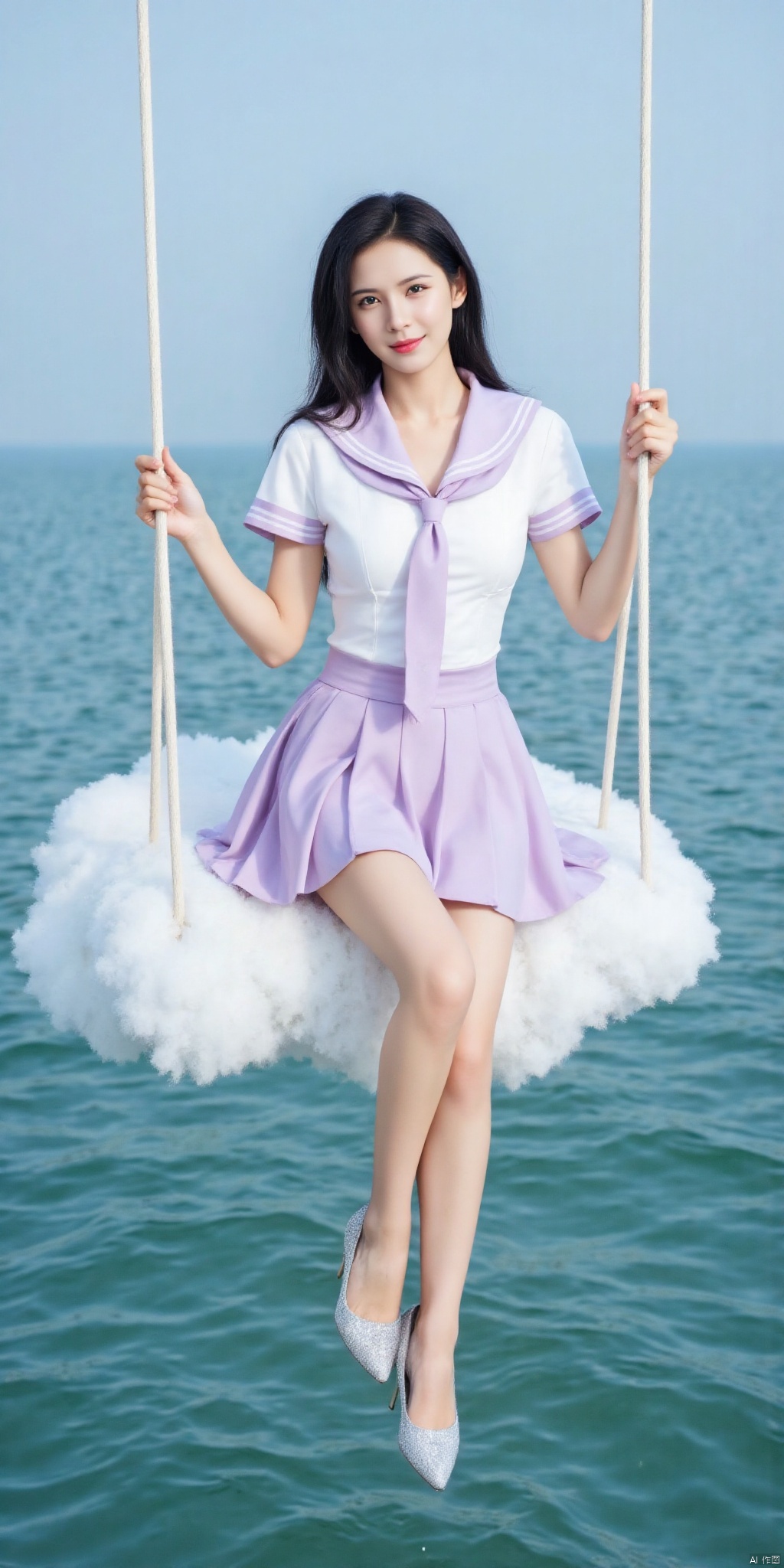 真人肌肤纹理, 4K画质,完美身材,long legs,big_breasts,navel,kind smile,Film texture, film and television, surrealism, a girl with a delicate face is sitting on a cloud swing. The girl is wearing a jk sailor uniform, a white short-sleeved shirt, light purple stripes trimming, a light purple tie, white purple pleated skirt, exquisite diamond-encrusted high heels, swing rope The sub is connected to a cloud in the sky, the background is a vast ocean, the water shows a consistent blue-green tone, the sky is also blue-green, blending with the ocean, perfect light and shadow, hyper-realistic photography, sharpening, artistic conception, Consciousness, large areas of blank space, sense of space, haziness, dreams, fog,