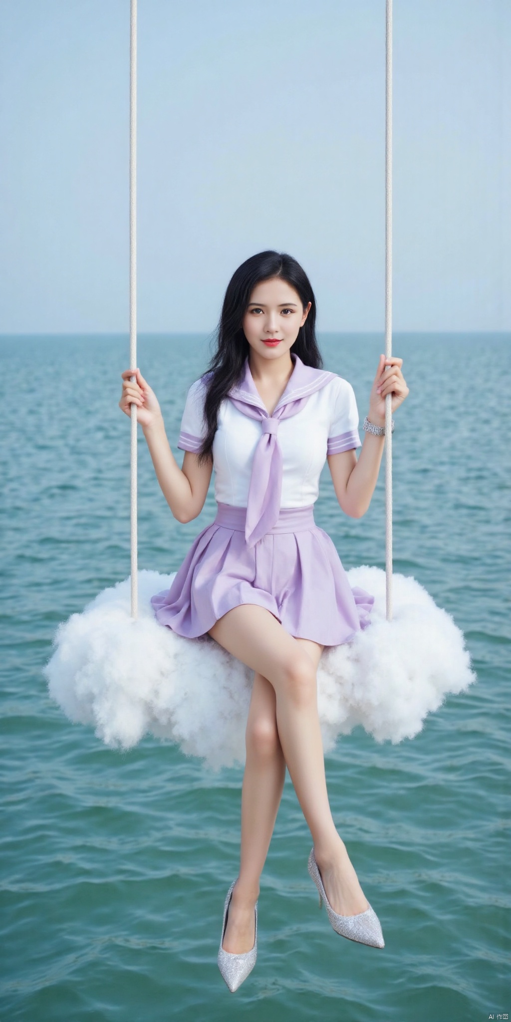 真人肌肤纹理, 4K画质,完美身材,long legs,big_breasts,navel,kind smile,Film texture, film and television, surrealism, a girl with a delicate face is sitting on a cloud swing. The girl is wearing a jk sailor uniform, a white short-sleeved shirt, light purple stripes trimming, a light purple tie, white purple pleated skirt, exquisite diamond-encrusted high heels, swing rope The sub is connected to a cloud in the sky, the background is a vast ocean, the water shows a consistent blue-green tone, the sky is also blue-green, blending with the ocean, perfect light and shadow, hyper-realistic photography, sharpening, artistic conception, Consciousness, large areas of blank space, sense of space, haziness, dreams, fog,