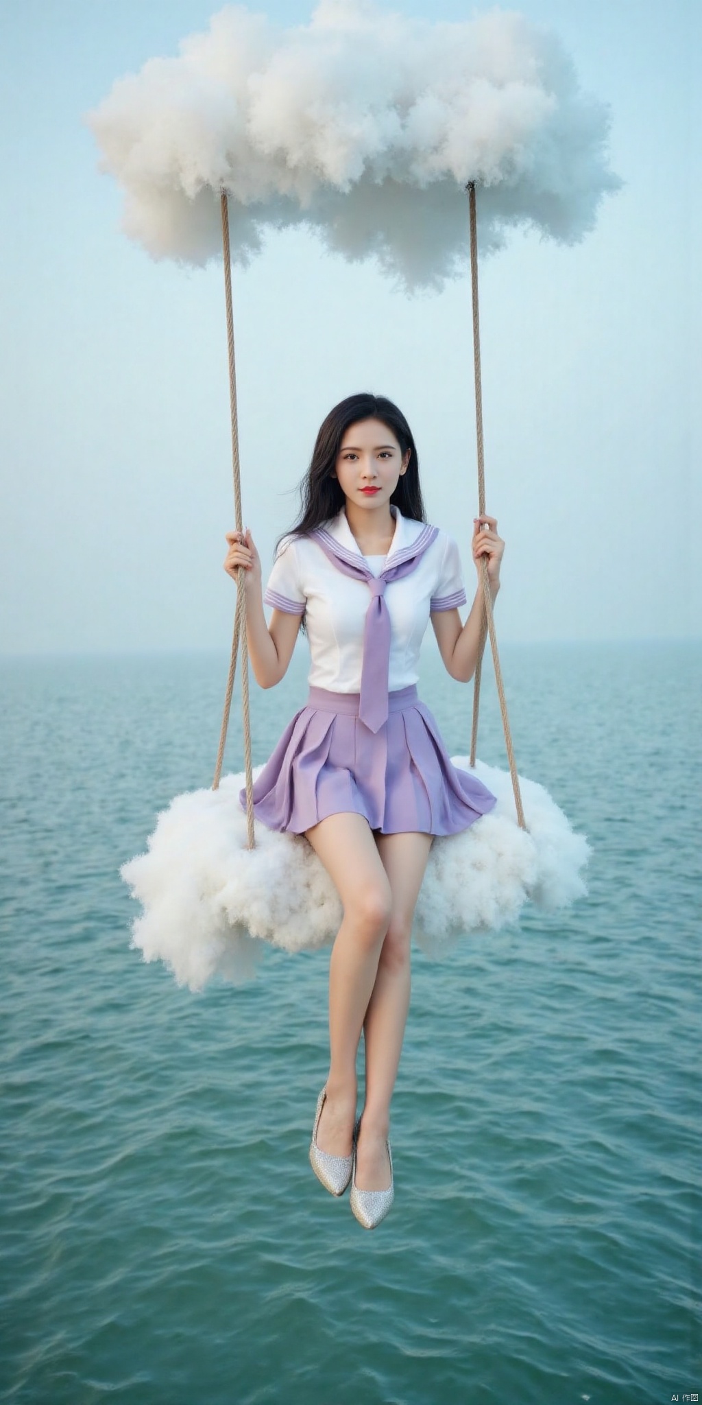 真人肌肤纹理, 4K画质,完美身材,long legs,big_breasts,navel,kind smile,Film texture, film and television, surrealism, a girl with a delicate face is sitting on a cloud swing. The girl is wearing a jk sailor uniform, a white short-sleeved shirt, light purple stripes trimming, a light purple tie, white purple pleated skirt, exquisite diamond-encrusted high heels, swing rope The sub is connected to a cloud in the sky, the background is a vast ocean, the water shows a consistent blue-green tone, the sky is also blue-green, blending with the ocean, perfect light and shadow, hyper-realistic photography, sharpening, artistic conception, Consciousness, large areas of blank space, sense of space, haziness, dreams, fog,