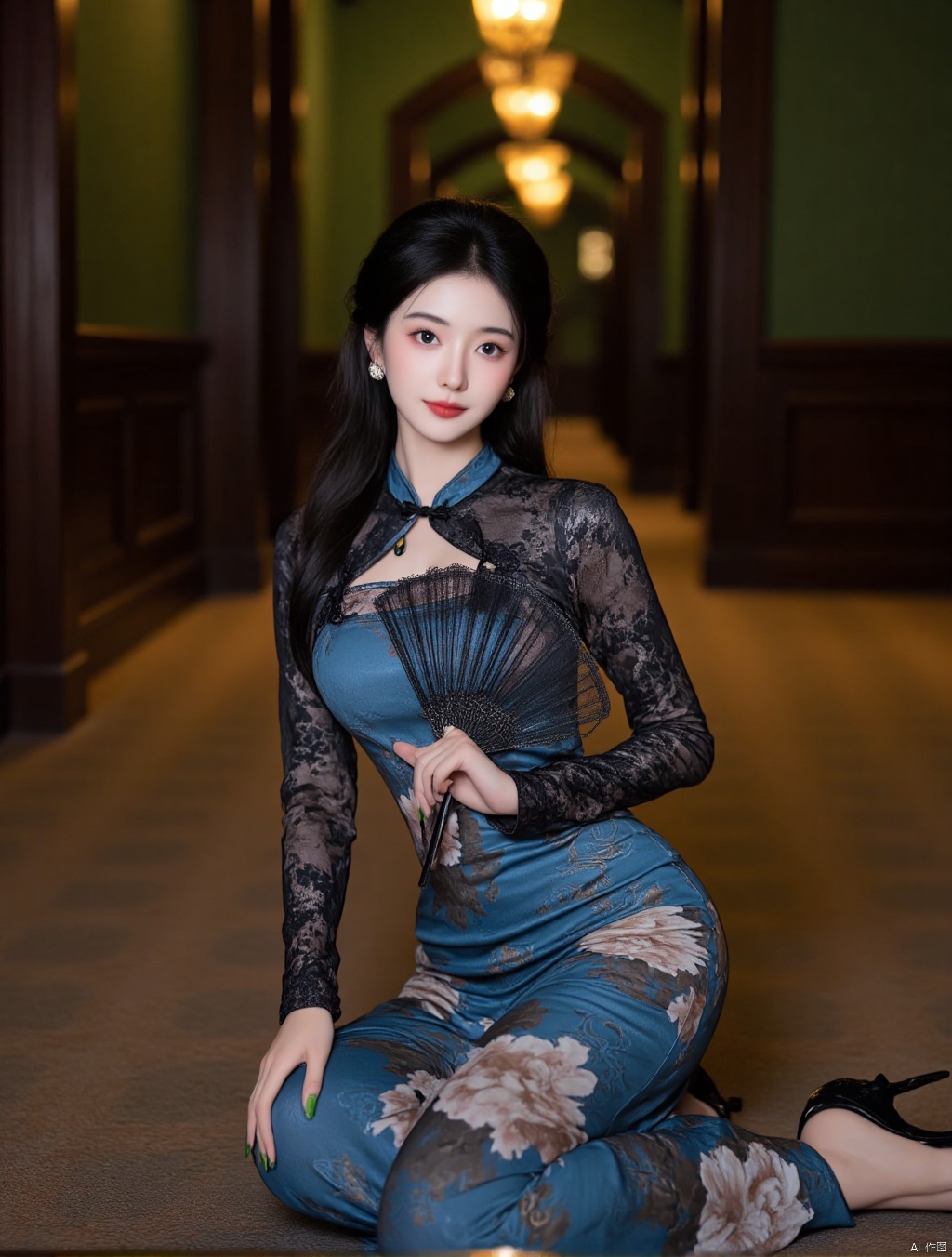 Long qipao dress,The image is a portrait of a young woman posing in a luxurious hallway. She is wearing a blue dress with a floral pattern and black lace sleeves. The dress has a high neckline and long sleeves, and she is holding a black fan in her right hand. She has long dark hair styled in loose waves and is wearing black high heels. The woman is sitting on the floor with her legs crossed and her hands resting on her knees. The background is blurred, but it appears to be a hallway with green walls and a chandelier hanging from the ceiling. The overall mood of the image is elegant and sophisticated.. cheongsam