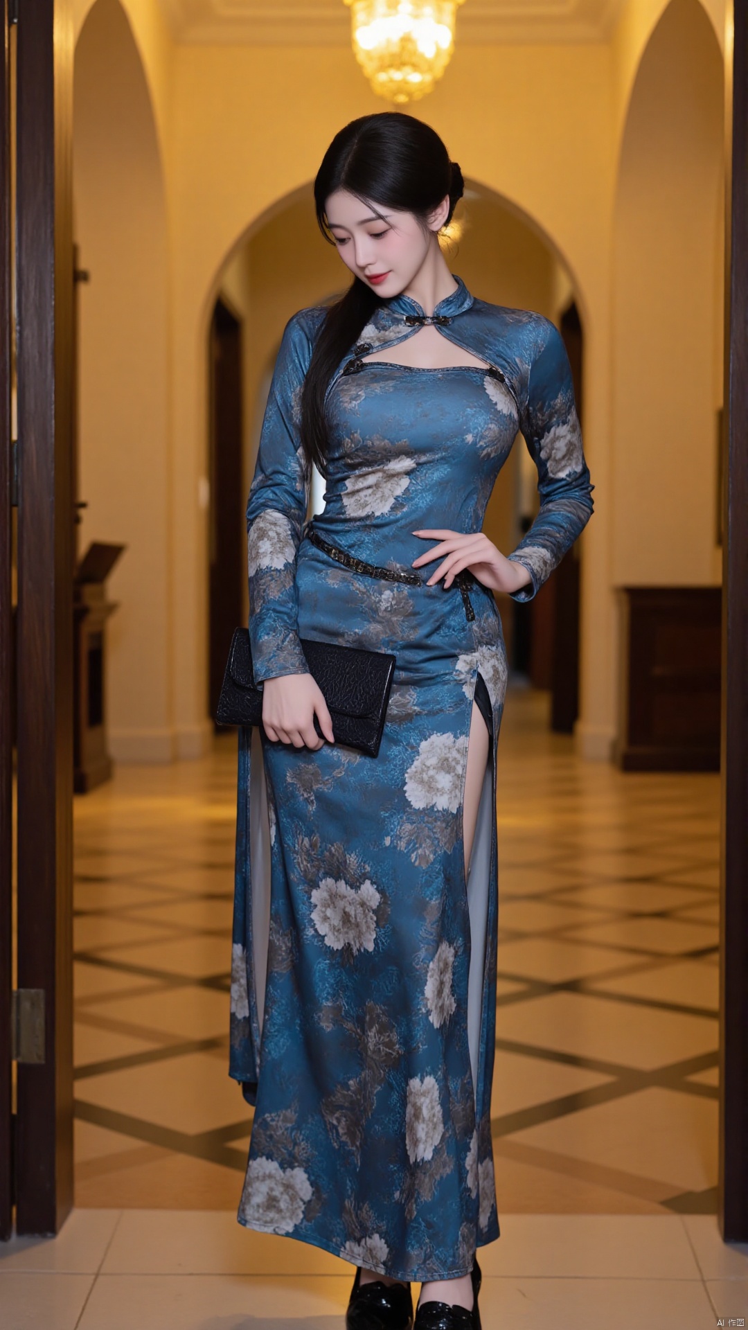 The image shows a young woman standing in a luxurious room with a chandelier hanging from the ceiling. She is wearing a long, flowing blue dress with a floral pattern in shades of blue and white. The dress has a high neckline and long sleeves, and she is holding a black clutch in her left hand. She has dark hair styled in a sleek updo and is wearing black high heels. The woman is posing with one hand on her hip and the other resting on her thigh. The room has a tiled floor and arches in the background.. cheongsam