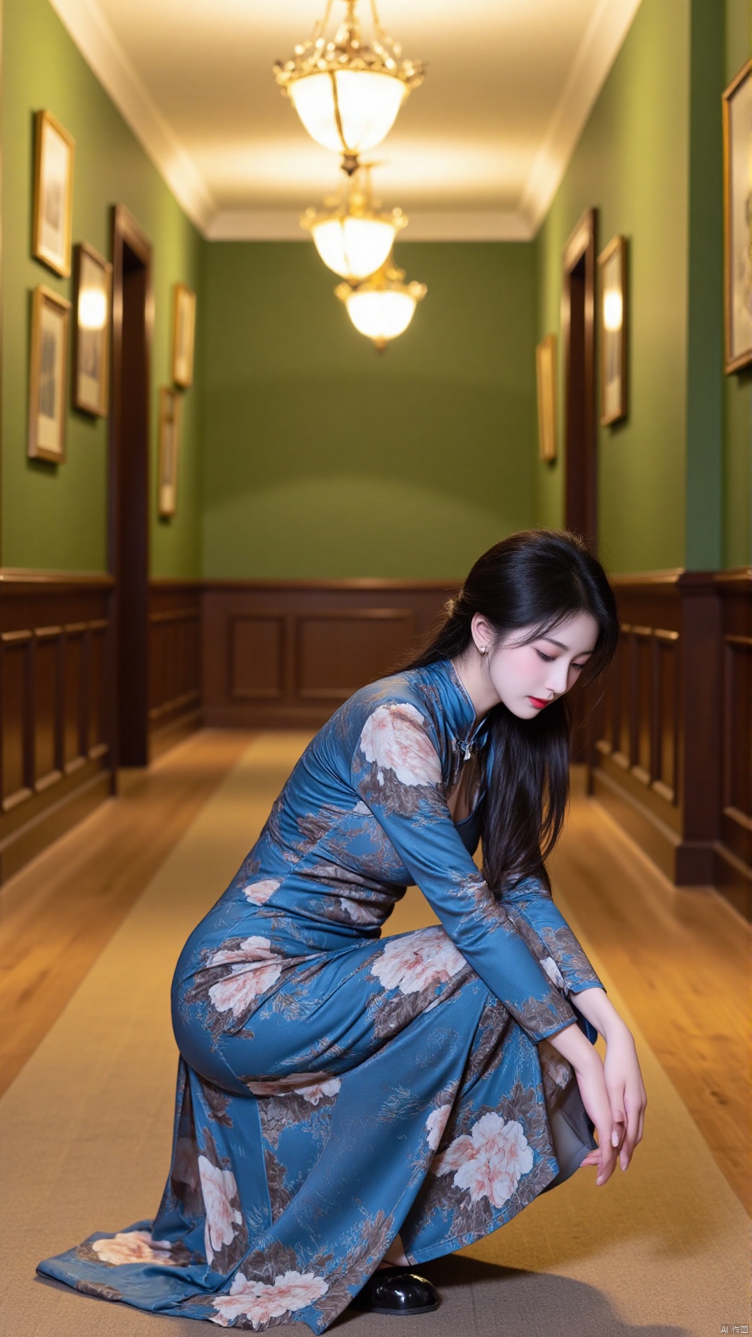 The image shows a young woman crouching down in a hallway with a chandelier hanging from the ceiling. She is wearing a long, flowing blue dress with a floral pattern in shades of blue, white, and pink. The dress has a high neckline and long sleeves, and she is wearing black high heels with red soles. The woman has long dark hair that is styled in loose waves and is looking down at the floor. The hallway has green walls and a wooden floor, and there are several framed pictures hanging on the walls.. cheongsam