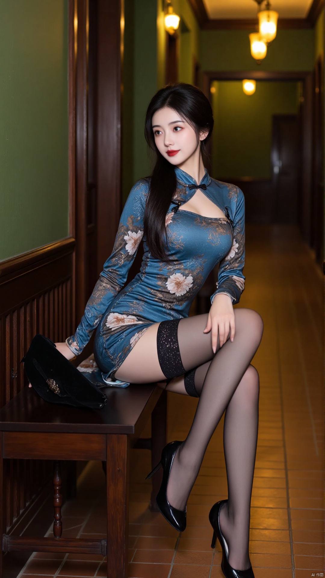 The image is a portrait of a young woman sitting on a bench in a hallway. She is wearing a blue dress with a floral pattern and black thigh-high stockings. The dress has a high neckline and long sleeves, and she is holding a black clutch in her left hand. She has long dark hair styled in loose waves and is wearing red lipstick. The hallway has a tiled floor and green walls, and there are chandeliers hanging from the ceiling. The overall mood of the image is elegant and sophisticated.. cheongsam