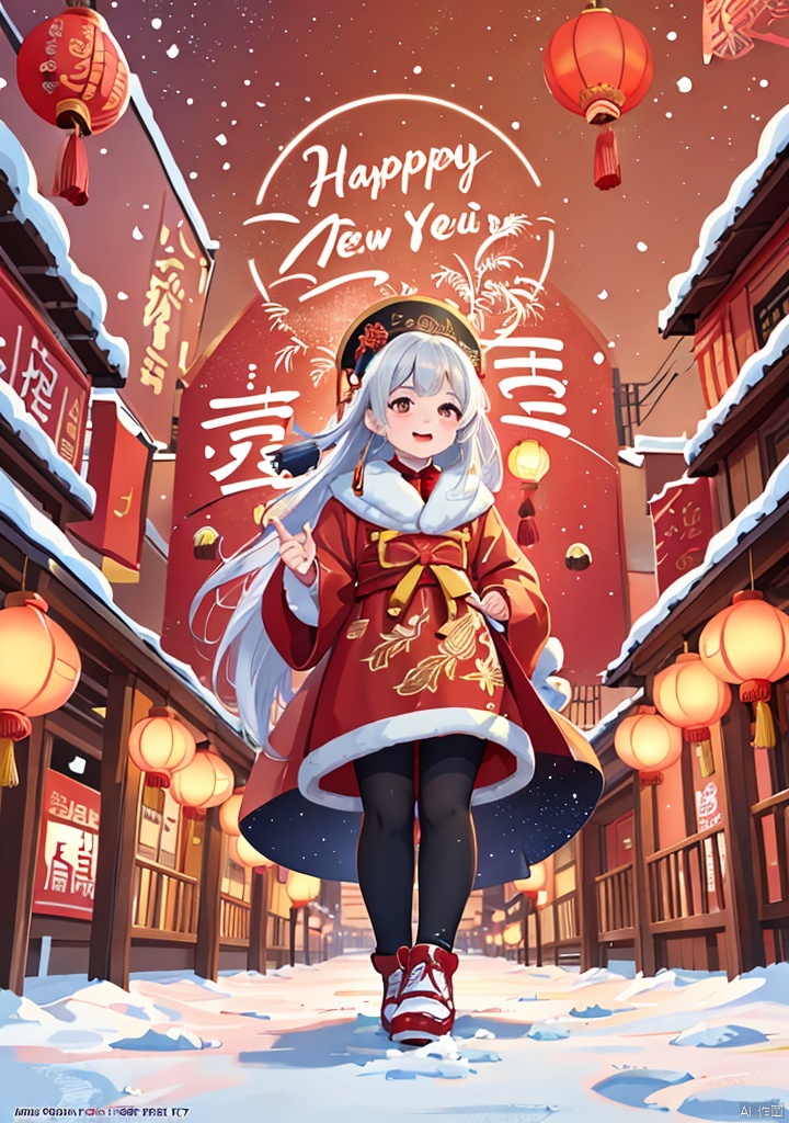 Illustrations of Chinese New Year style,(texture, brush strokes, color blocks),In the center of the picture,a little girl in traditional Chinese clothes smiles happily,bows respectfully with both hands,and has snow on her body and hair,sending New Year greetings and blessings to everyone,welcoming the coming of the new year with joy.,The background is symmetrical,with heavy snow on the streets of traditional Chinese buildings,with snow on the ground,people coming and going,and people are picking out the necessary food for the New Year at various stalls.,In the night sky,gorgeous fireworks bloom,small lanterns float slowly,and soft light illuminates the night sky,and a rich and festive atmosphere permeates every corner,2025yanhua