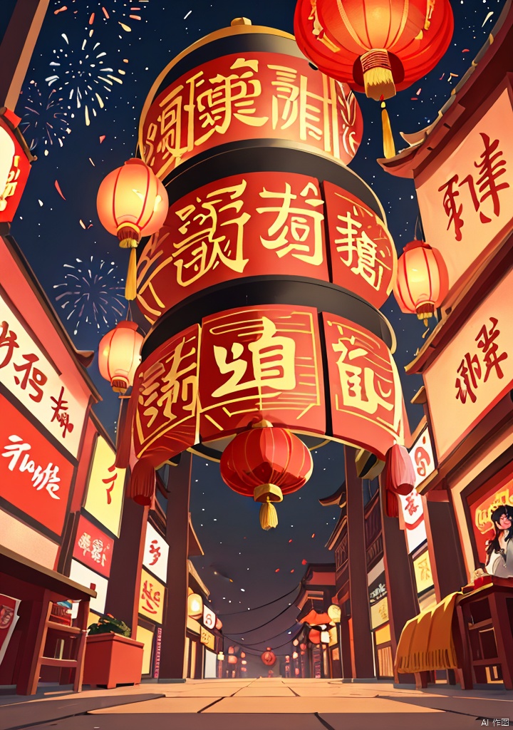 Illustrations of Chinese New Year style,(texture, brush strokes, color blocks),new year,Fireworks,A live street,ancient Chinese architectural complex,at night,there are two Kongming lanterns in the sky,many people play in the street,perfect composition,harmony of light and shadow,asymmetrical composition,2025yanhua
