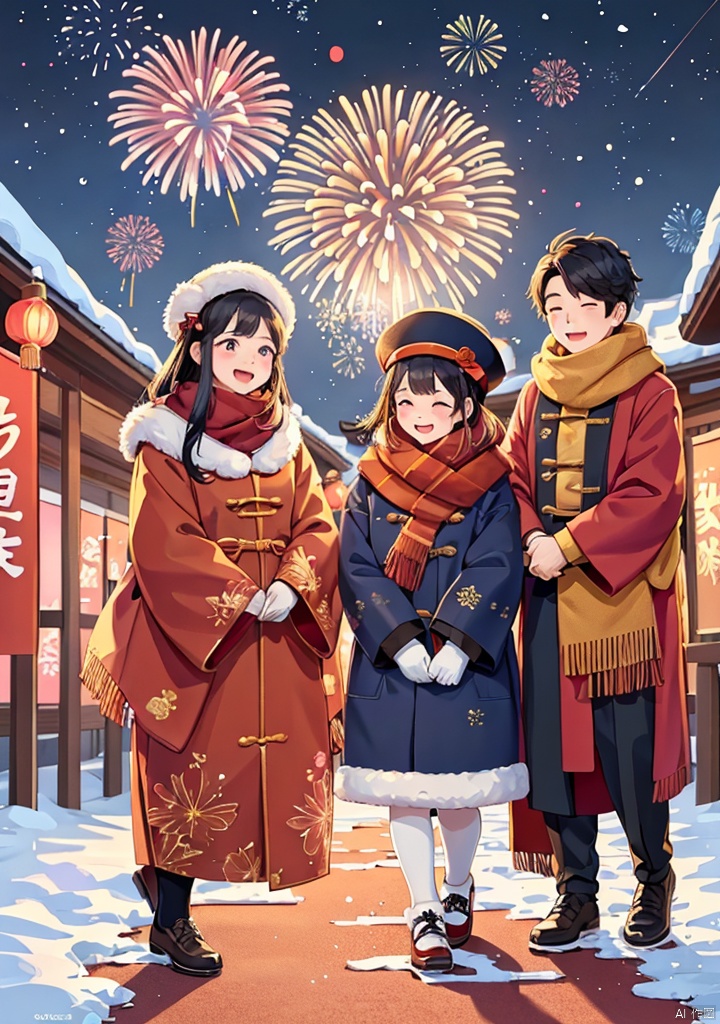 Illustrations of Chinese New Year style,(texture, brush strokes, color blocks),in winter,winter,new year,a group of children watching fireworks in the snow.At least 12 children,The children were wearing thick winter clothes,hats and scarves,looking very warm. Their faces were filled with excited and happy expressions. Snowflakes fell gently. Some of the children held their arms cheering,some snuggled up to each other in the background,the sky is full of colorful fireworks,illuminating the entire night sky,Close-up,children account for 2/3 of the pictures and fireworks account for 1/3 of the pictures,2025yanhua