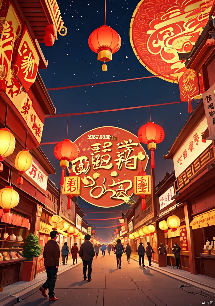 Illustrations of Chinese New Year style,(texture, brush strokes, color blocks),new year,Fireworks,A live street,ancient Chinese architectural complex,at night,there are two Kongming lanterns in the sky,many people play in the street,perfect composition,harmony of light and shadow,asymmetrical composition,2025yanhua