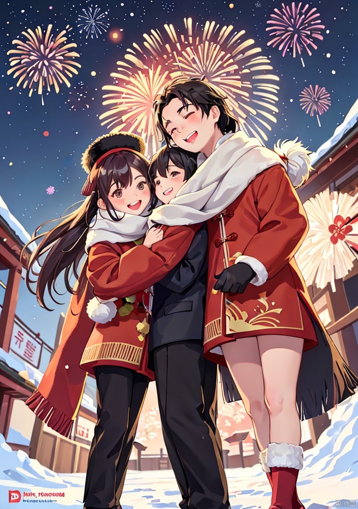 Illustrations of Chinese New Year style,(texture, brush strokes, color blocks),in winter,winter,new year,a group of children watching fireworks in the snow.At least 12 children,The children were wearing thick winter clothes,hats and scarves,looking very warm. Their faces were filled with excited and happy expressions. Snowflakes fell gently. Some of the children held their arms cheering,some snuggled up to each other in the background,the sky is full of colorful fireworks,illuminating the entire night sky,Close-up,children account for 2/3 of the pictures and fireworks account for 1/3 of the pictures,2025yanhua
