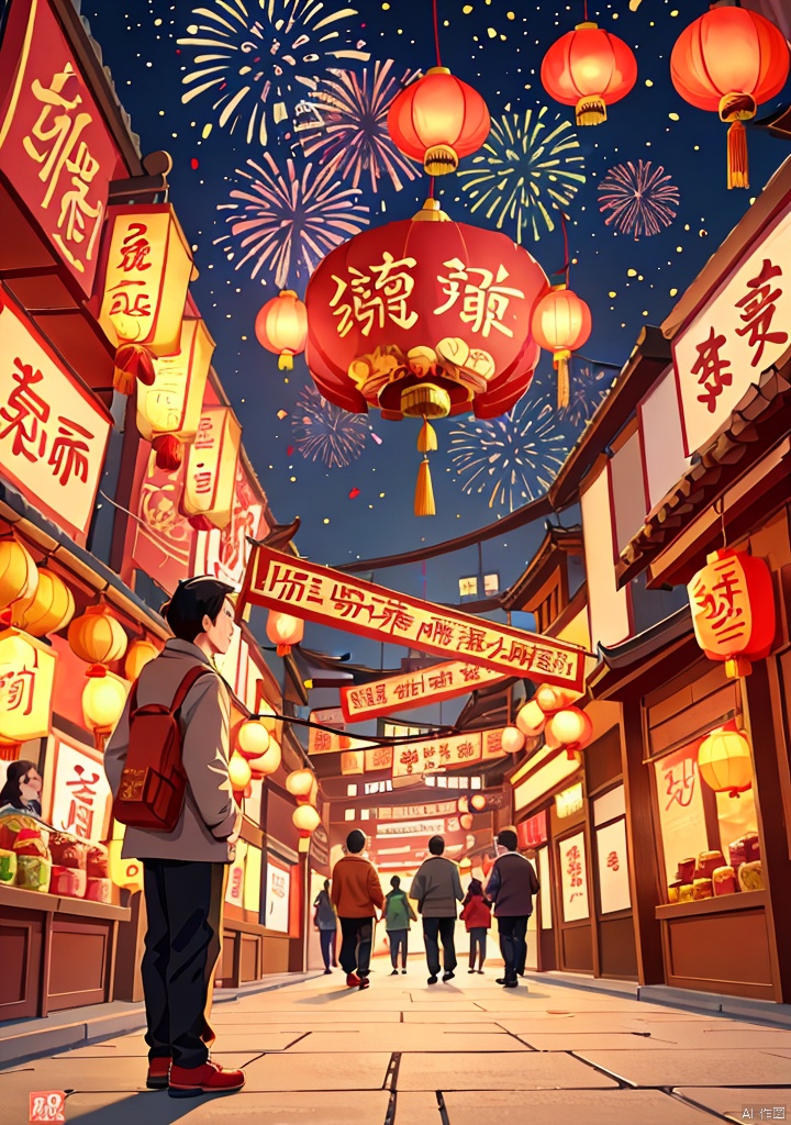 Illustrations of Chinese New Year style,(texture, brush strokes, color blocks),new year,Fireworks,A live street,ancient Chinese architectural complex,at night,there are two Kongming lanterns in the sky,many people play in the street,perfect composition,harmony of light and shadow,asymmetrical composition,2025yanhua