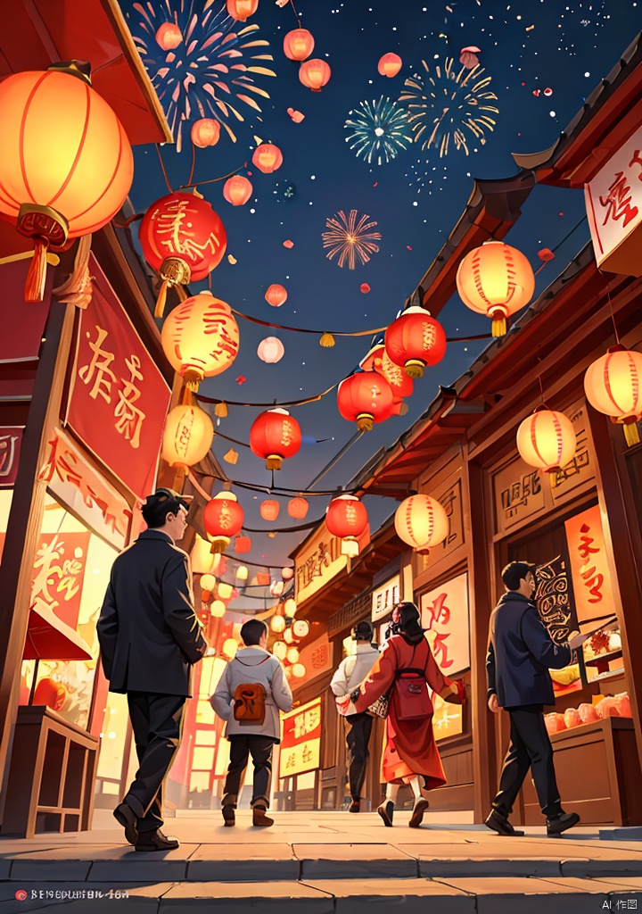 Illustrations of Chinese New Year style,(texture, brush strokes, color blocks),new year,Fireworks,A live street,ancient Chinese architectural complex,at night,there are two Kongming lanterns in the sky,many people play in the street,perfect composition,harmony of light and shadow,asymmetrical composition,2025yanhua