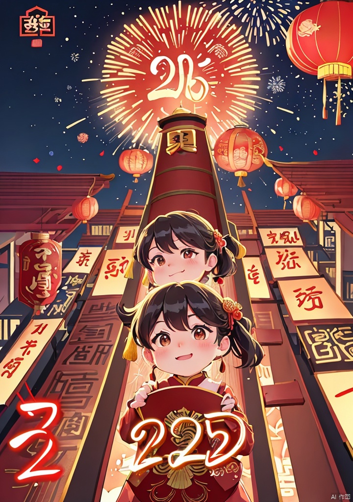 Illustrations of Chinese New Year style,(texture, brush strokes, color blocks),new year,fireworks,night,ancient capital of China,Chang'an,fence,crowded crowd,back,top view,middle view,2025yanhua