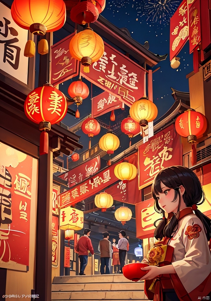 Illustrations of Chinese New Year style,(texture, brush strokes, color blocks),new year,Fireworks,A live street,ancient Chinese architectural complex,at night,there are two Kongming lanterns in the sky,many people play in the street,perfect composition,harmony of light and shadow,asymmetrical composition,2025yanhua