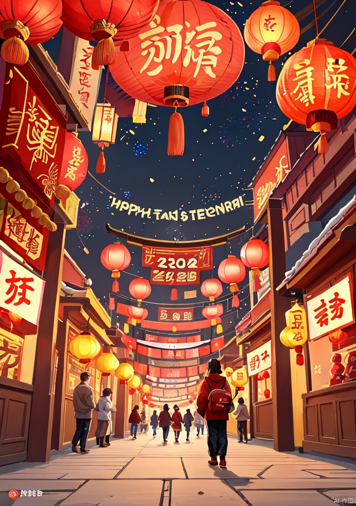 Illustrations of Chinese New Year style,(texture, brush strokes, color blocks),new year,Fireworks,A live street,ancient Chinese architectural complex,at night,there are two Kongming lanterns in the sky,many people play in the street,perfect composition,harmony of light and shadow,asymmetrical composition,2025yanhua