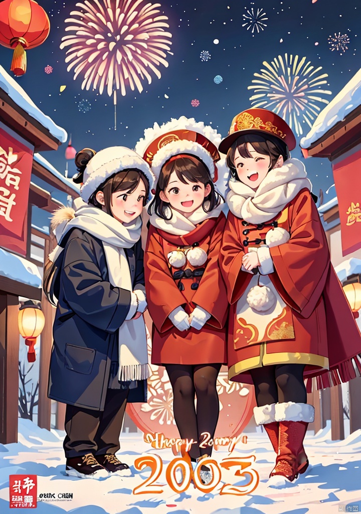 Illustrations of Chinese New Year style,(texture, brush strokes, color blocks),in winter,winter,new year,a group of children watching fireworks in the snow.At least 12 children,The children were wearing thick winter clothes,hats and scarves,looking very warm. Their faces were filled with excited and happy expressions. Snowflakes fell gently. Some of the children held their arms cheering,some snuggled up to each other in the background,the sky is full of colorful fireworks,illuminating the entire night sky,Close-up,children account for 2/3 of the pictures and fireworks account for 1/3 of the pictures,2025yanhua