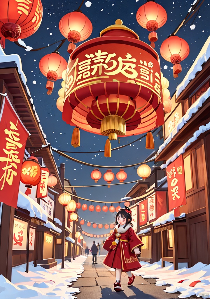 Illustrations of Chinese New Year style,(texture, brush strokes, color blocks),In the center of the picture,a little girl in traditional Chinese clothes smiles happily,bows respectfully with both hands,and has snow on her body and hair,sending New Year greetings and blessings to everyone,welcoming the coming of the new year with joy.,The background is symmetrical,with heavy snow on the streets of traditional Chinese buildings,with snow on the ground,people coming and going,and people are picking out the necessary food for the New Year at various stalls.,In the night sky,gorgeous fireworks bloom,small lanterns float slowly,and soft light illuminates the night sky,and a rich and festive atmosphere permeates every corner,2025yanhua