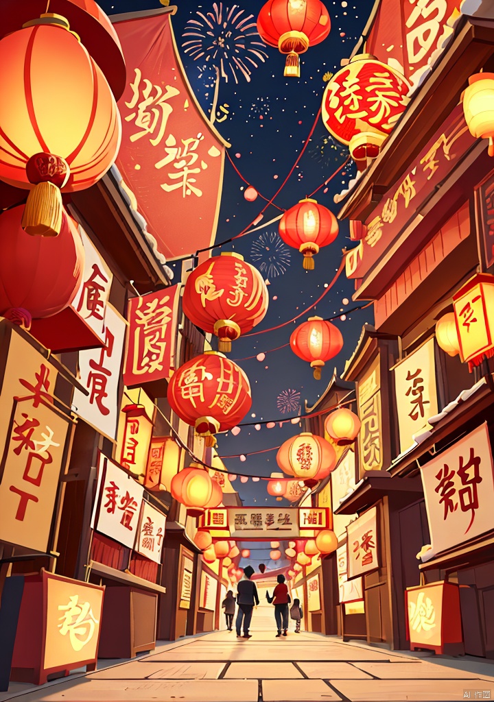 Illustrations of Chinese New Year style,(texture, brush strokes, color blocks),new year,Fireworks,A live street,ancient Chinese architectural complex,at night,there are two Kongming lanterns in the sky,many people play in the street,perfect composition,harmony of light and shadow,asymmetrical composition,2025yanhua