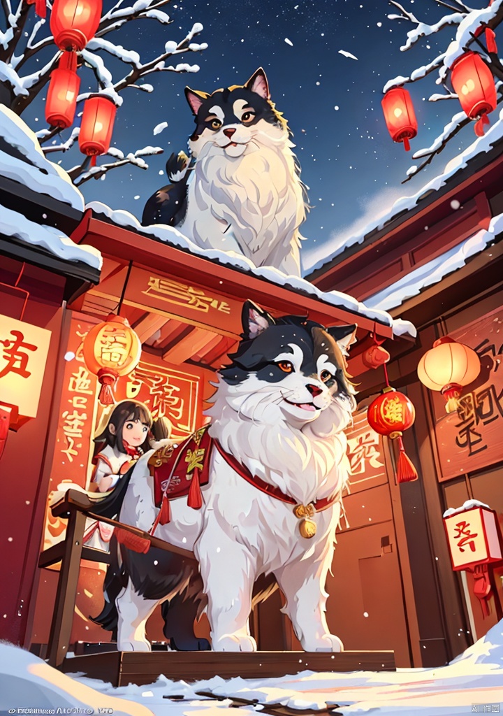 Illustrations of Chinese New Year style,(texture, brush strokes, color blocks),In the center of the picture,a little girl in traditional Chinese clothes smiles happily,bows respectfully with both hands,and has snow on her body and hair,sending New Year greetings and blessings to everyone,welcoming the coming of the new year with joy.,The background is symmetrical,with heavy snow on the streets of traditional Chinese buildings,with snow on the ground,people coming and going,and people are picking out the necessary food for the New Year at various stalls.,In the night sky,gorgeous fireworks bloom,small lanterns float slowly,and soft light illuminates the night sky,and a rich and festive atmosphere permeates every corner,2025yanhua