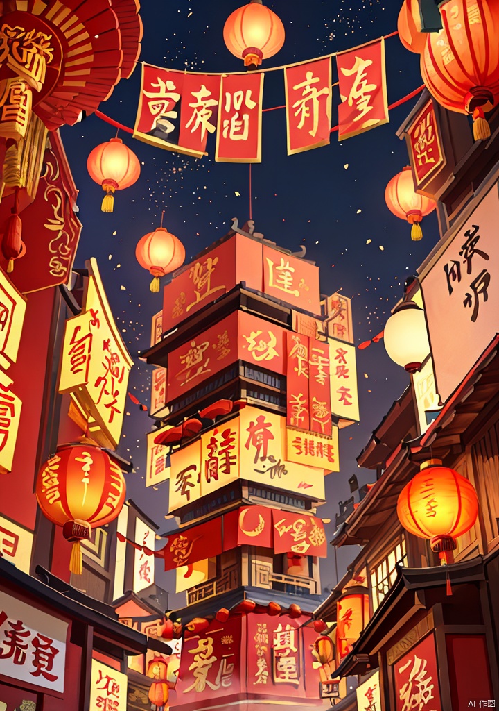 Illustrations of Chinese New Year style,(texture, brush strokes, color blocks),new year,Fireworks,A live street,ancient Chinese architectural complex,at night,there are two Kongming lanterns in the sky,many people play in the street,perfect composition,harmony of light and shadow,asymmetrical composition,2025yanhua