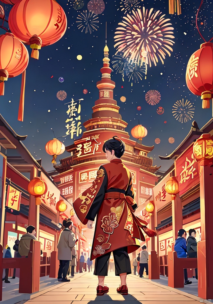 Illustrations of Chinese New Year style,(texture, brush strokes, color blocks),new year,fireworks,night,ancient capital of China,Chang'an,fence,crowded crowd,back,top view,middle view,2025yanhua
