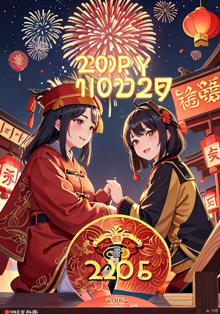 Illustrations of Chinese New Year style,(texture, brush strokes, color blocks),new year,fireworks,night,ancient capital of China,Chang'an,fence,crowded crowd,back,top view,middle view,2025yanhua