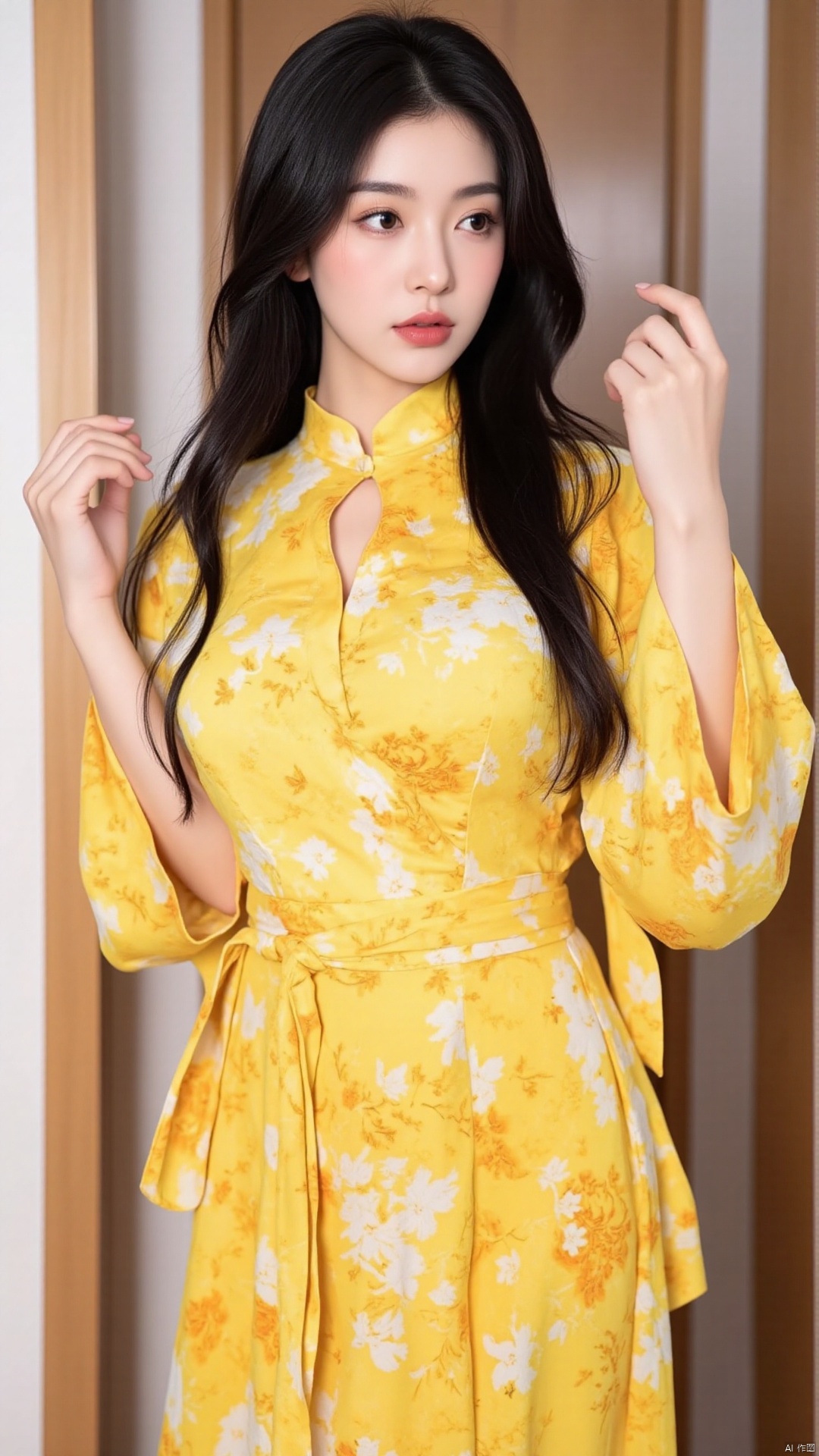 The image shows a young woman standing in a hallway. She is wearing a long, flowing yellow dress with a floral pattern. The dress has a high neckline and long sleeves. The woman has long dark hair that is styled in loose waves and falls over her shoulders. She has a serious expression on her face and is looking off to the side. The hallway has a wooden door and a white wall. The overall mood of the image is elegant and sophisticated.