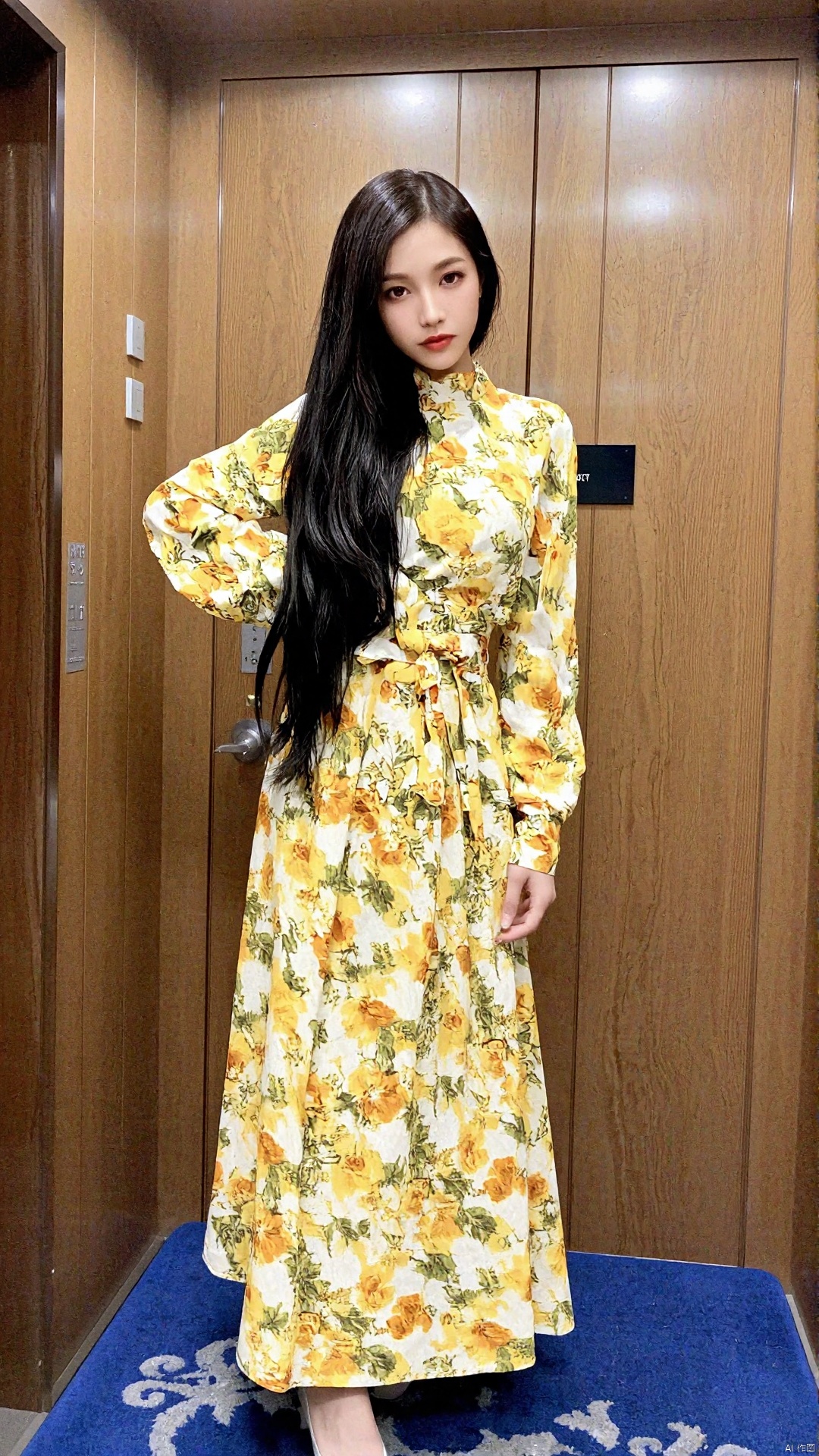 The image shows a young woman standing in an elevator. She is wearing a long, flowy dress with a yellow floral print. The dress has a high neckline and long sleeves, and it is cinched at the waist with a belt. The woman has long dark hair styled in loose waves and is wearing white high heels. She has a serious expression on her face and is posing with one hand on her hip. The elevator has a wooden door and a black sign on the wall.