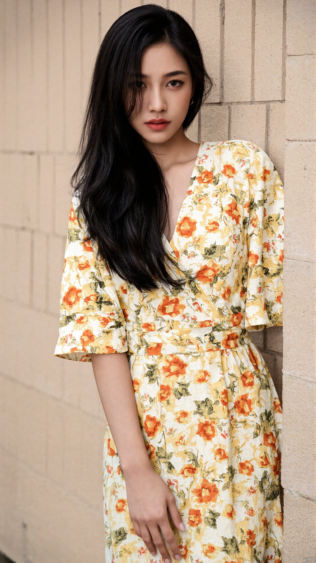 The image is a portrait of a young woman with long dark hair. She is standing in front of a beige wall and is leaning against it with one hand on her hip. The woman is wearing a yellow floral dress with a deep V-neckline and short sleeves. She has a serious expression on her face and is looking directly at the camera. The overall mood of the image is elegant and sophisticated.