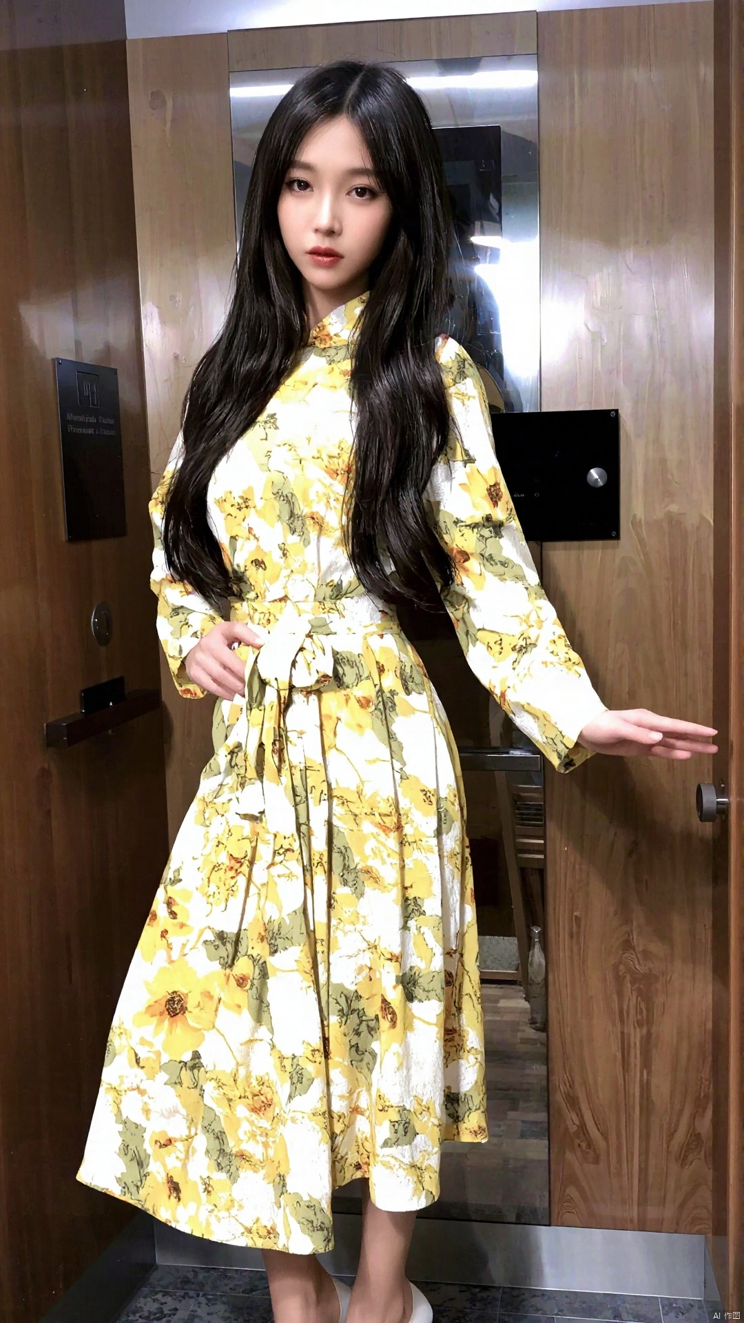 The image shows a young woman standing in an elevator. She is wearing a long, flowy dress with a yellow floral print. The dress has a high neckline and long sleeves, and it is cinched at the waist with a belt. The woman has long dark hair styled in loose waves and is wearing white high heels. She has a serious expression on her face and is posing with one hand on her hip. The elevator has a wooden door and a black sign on the wall.