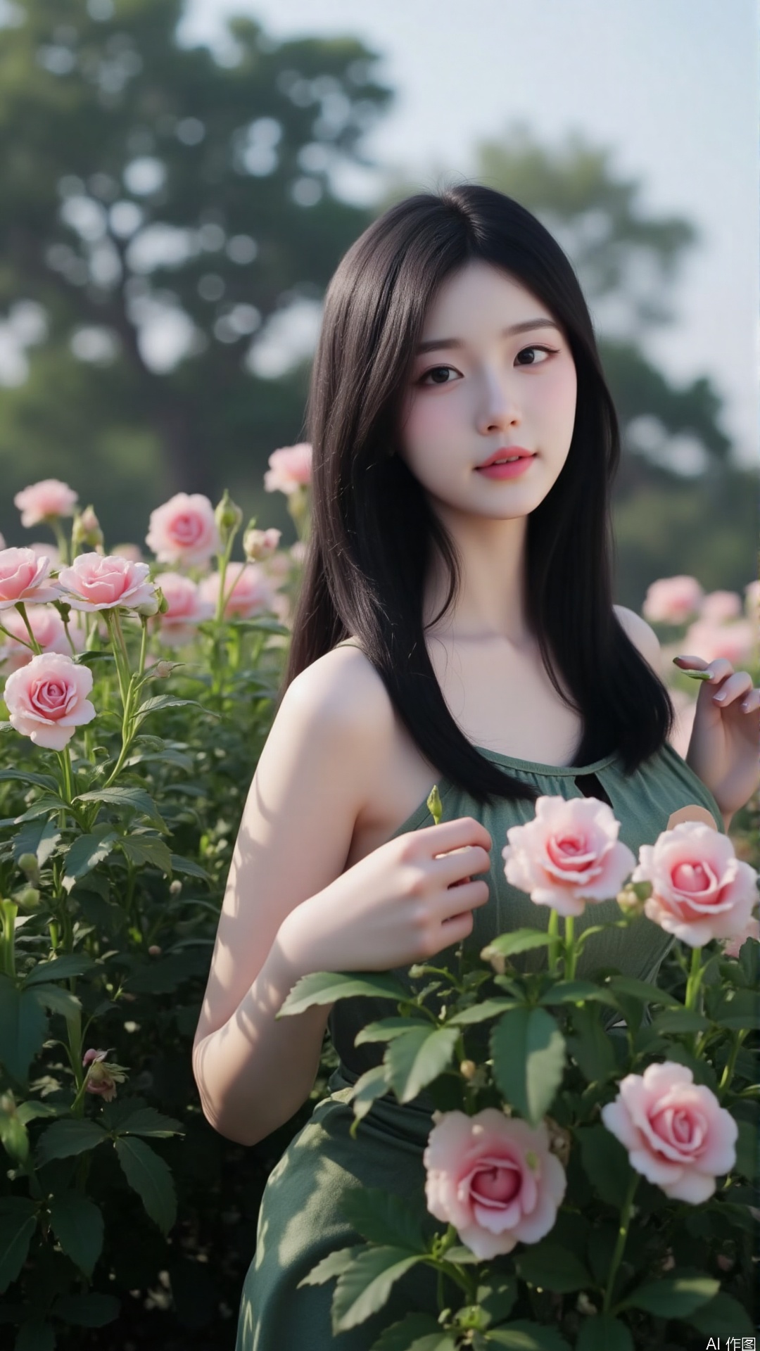 (8k, RAW photo, best quality, masterpiece:1.2),(realistic, photo-realistic:1.37),cinematic photo,professional lighting,35mm photograph,bokeh,highly detailed,bottu,1girl,black hair,long hair,In the car,solo,flower,plant,,,