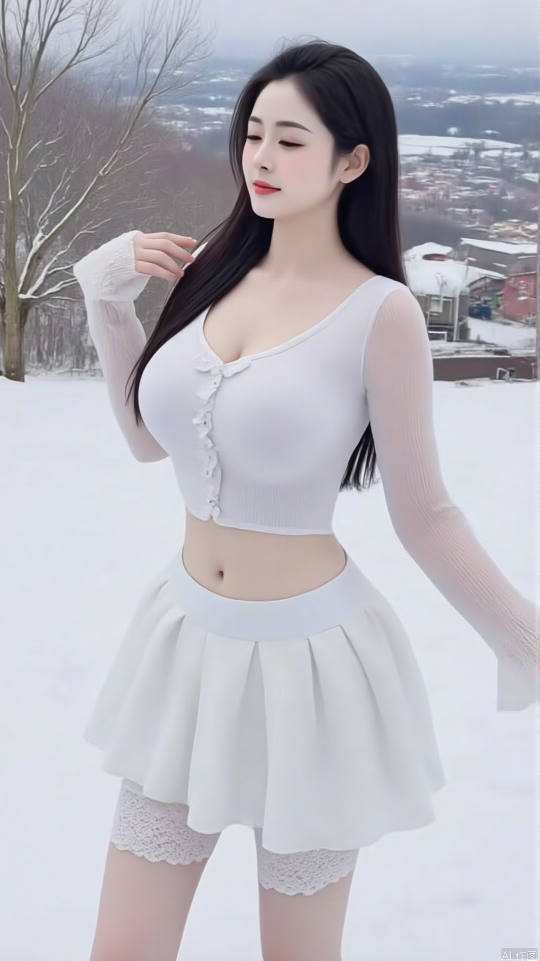 touxiong,A photo of a slim,fair skinned woman with long black straight hair. She was wearing a transparent ribbed white crop top,revealing her huge chest (transparent top:1.5),and a high waisted white pleated skirt with white lace stockings on top. Background snow scenery snow,full body view,
