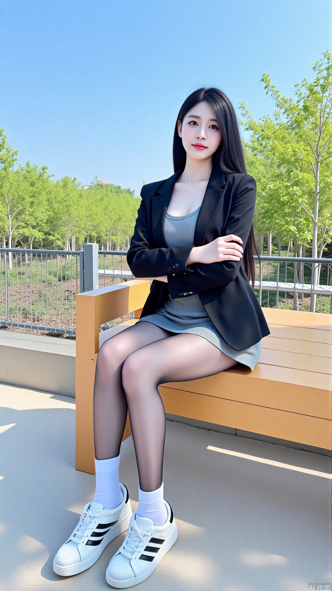 1girl,sky_lady,fengyao,1girl,The image is a photograph taken outdoors,possibly in a park or public area,with a clear blue sky and lush greenery in the background. The subject is a young Asian woman with long,straight black hair,fair skin,and a slender physique. She is seated on a wooden bench with a casual,relaxed pose,leaning slightly to her right with her arms crossed. Her attire includes a black blazer over a grey sweater and a short grey skirt,paired with sheer black pantyhose and white athletic shoes with black stripes. She wears white socks that reach mid-calf,adding a playful touch to her look. The background features a metal fence and trees,with a serene atmosphere. The overall style is casual and modern,with a focus on youthful fashion.,