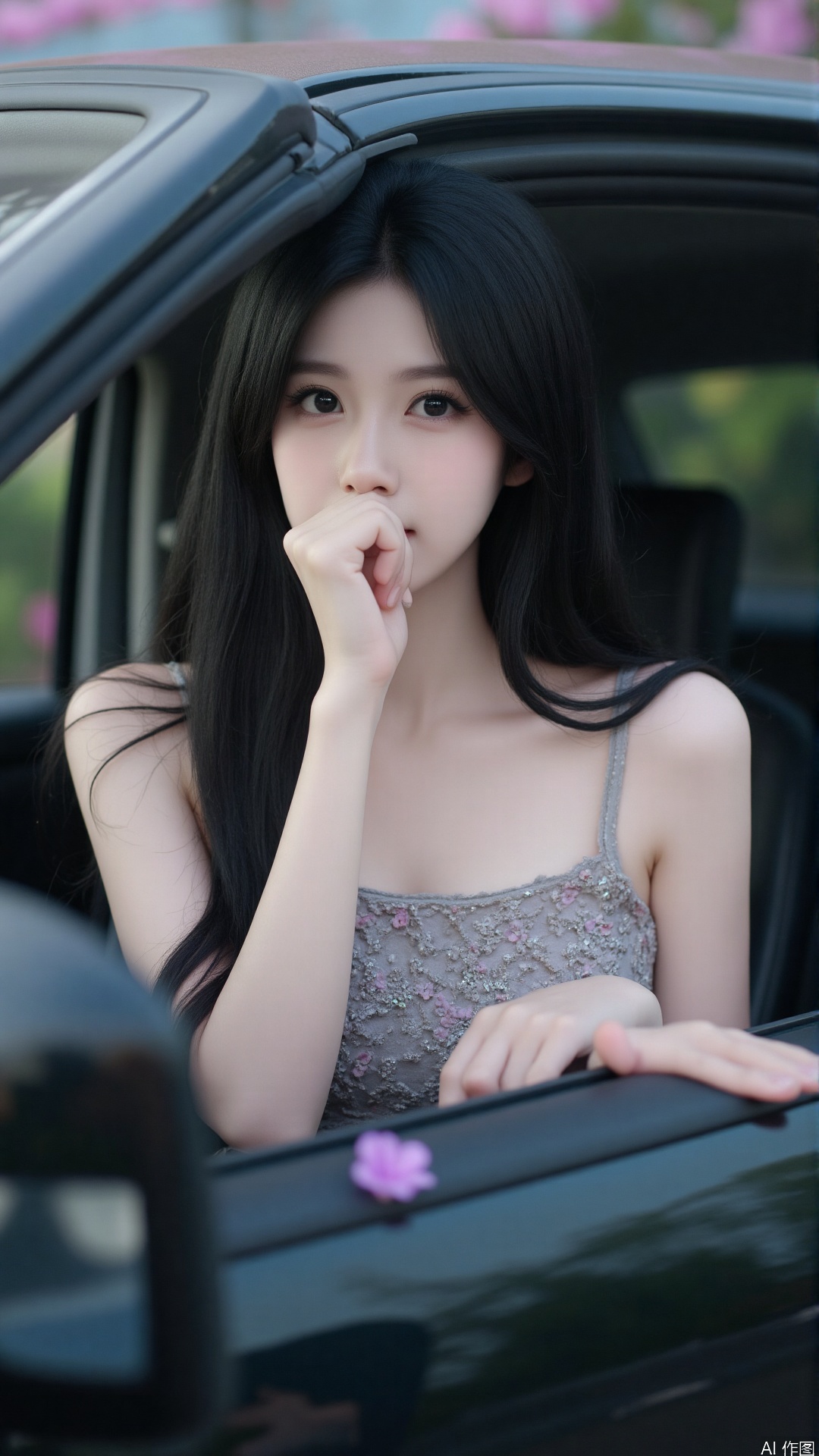 (8k, RAW photo, best quality, masterpiece:1.2),(realistic, photo-realistic:1.37),cinematic photo,professional lighting,35mm photograph,bokeh,highly detailed,bottu,1girl,black hair,long hair,In the car,solo,flower,plant,,,