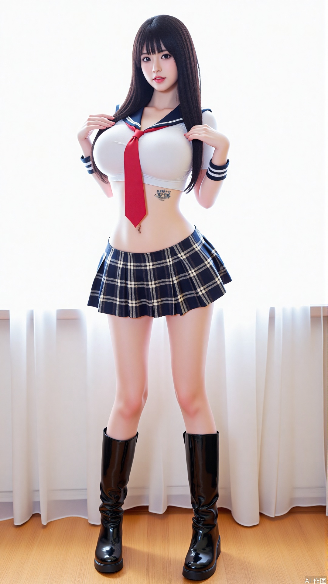 fine detail,The image is the cover of a JAV Pornography. It shows an Asian woman with long,straight dark hair,dressed in a sailor uniform,which includes a white blouse with a red tie,and a plaid mini skirt. She has medium breasts. She is also wearing black,knee-high boots with a glossy finish. Her pose is confident,with legs slightly apart,standing on a wooden floor with a window curtain in the background. A tattoo is visible on her upper thigh.,