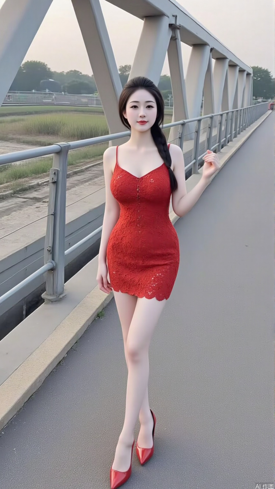 A photograph of a slender, beautiful Asian woman with fair skin and hair braided. She is wearing a sexy red lace dress and matching stiletto heels. In the background, there is a structure with large beams and railings, suggesting an urban or industrial environment. The light is soft, indicating it might be early morning or evening.