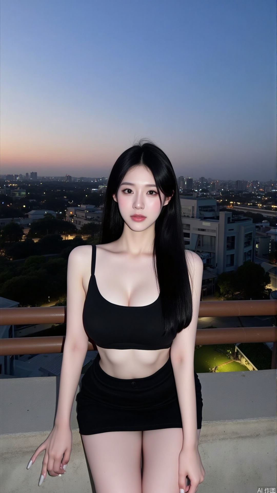 This is a high-resolution photograph featuring a young woman with fair skin and long,straight black hair. She has a slender physique and wears a black sleeveless crop top that exposes her midriff and a matching black skirt. Her expression is neutral,with slightly parted lips and a direct gaze towards the camera. The background reveals an urban cityscape with a mix of modern buildings and a few scattered trees. The sky is a gradient of deep blue transitioning into a soft orange hue dawn with a sunset. The city lights are just beginning to twinkle,adding a soft glow to the scene. The woman is seated on a concrete ledge with a metal railing behind her,suggesting she is on a rooftop or balcony. The image captures a serene,contemplative moment,with the subject's relaxed posture and the tranquil cityscape blending harmoniously.,