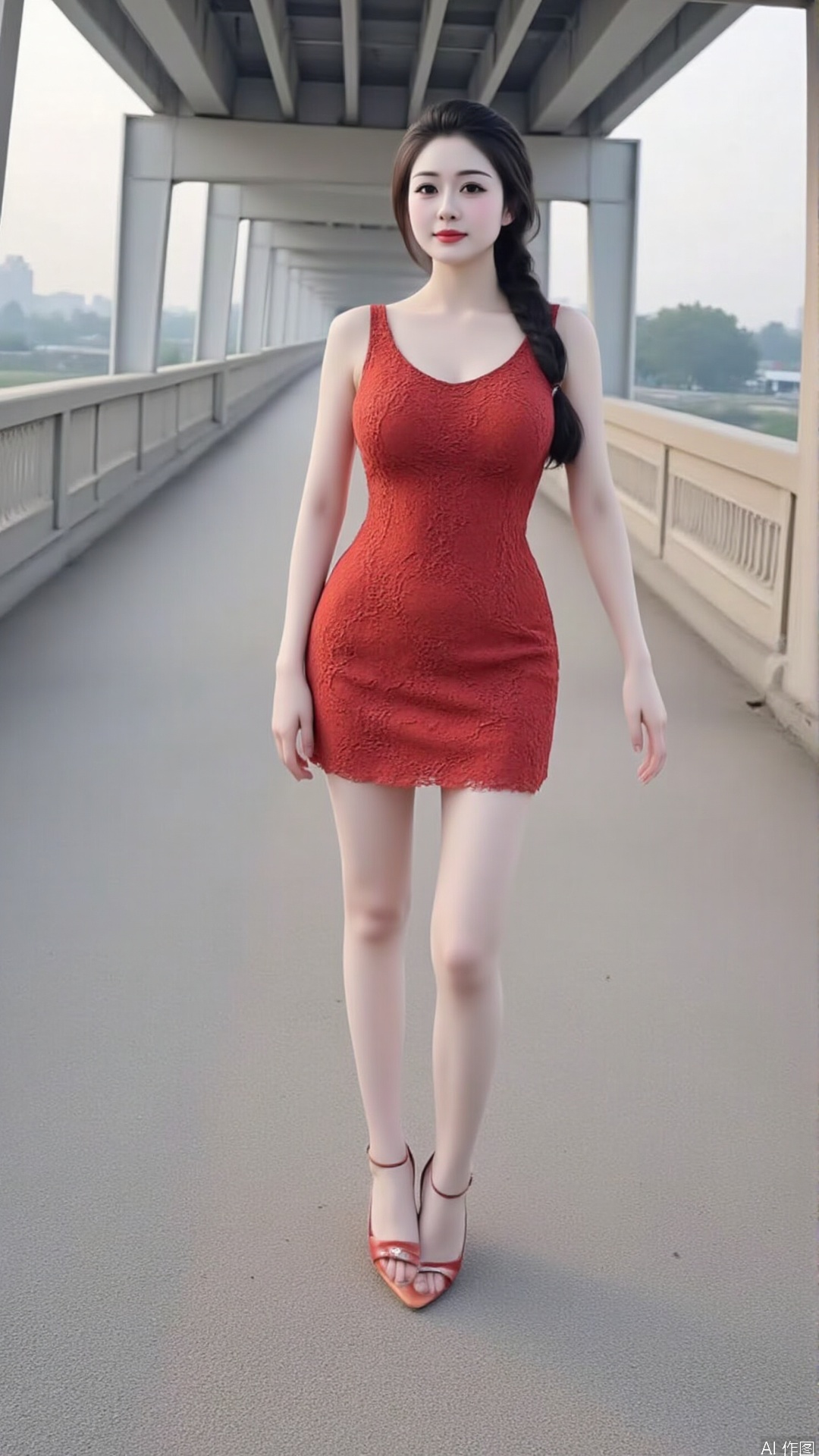 A photograph of a slender, beautiful Asian woman with fair skin and hair braided. She is wearing a sexy red lace dress and matching stiletto heels. In the background, there is a structure with large beams and railings, suggesting an urban or industrial environment. The light is soft, indicating it might be early morning or evening.