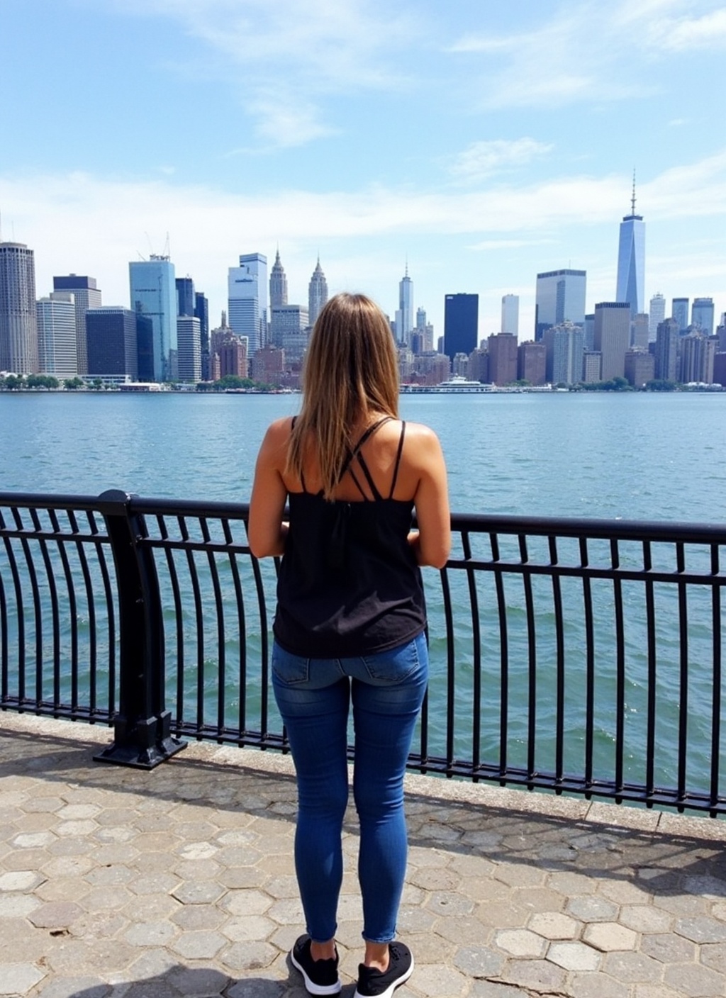 A person with light-brown hair stands facing away from the camera,  looking out over a body of water toward a distant city...