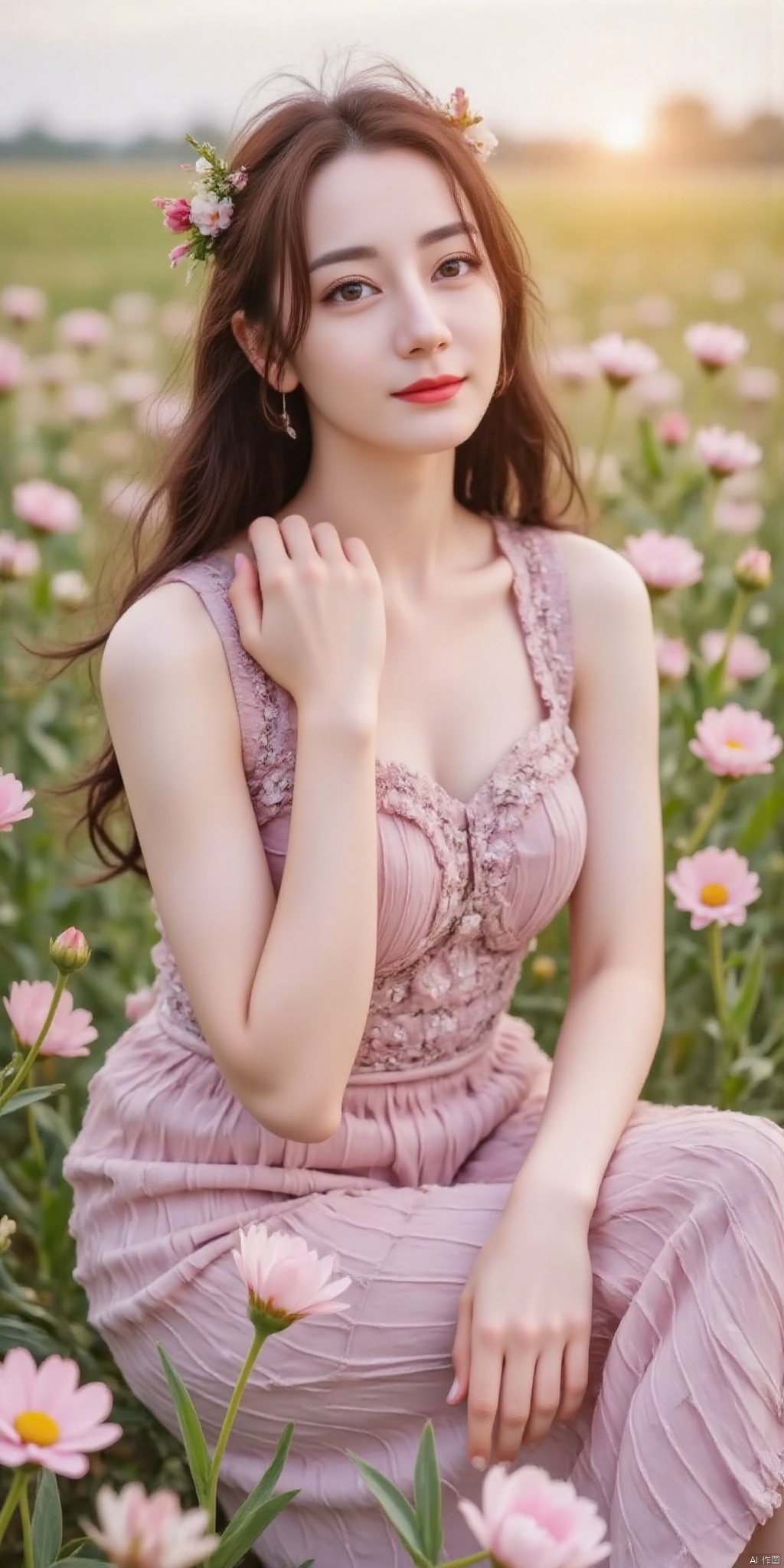 ((Good anatomical structure)),HDR, UHD, 8K, A real person , Highly detailed, best quality, masterpiece, 1girl, realistic, Highly detailed, (EOS R8, 50mm, F1.2, 8K, RAW photo:1.2), ultra realistic 8k cg, good anatomy,1 girl, solo focus,peafect body,Long hair,Messy hair,Bangs,hair between eyes,Sidelocks,Hair over shoulder,very long hair,shiny hair,floating hair,Bright eyes,big eyes,detailed eyes,beautiful eyes,hair ornament,hair flower,choker,frilled dress with lace,long dress,pleated dress,[loli],,outdoors,water,flower,sitting in the ((sea of flowers)), flower field,meadow,beautiful detailed sky,feather,nature,(sunlight), skirt up,,moist skin, shiny skin, glossy skin, (best illumination, best shadow, extremely delicate and beautiful), perfect lighting, original, highres, dynamic angle, floating,depth of field, caustics,lens flare,warm lighting,(official art,beautiful and aesthetic:1.2),beautiful face, ultra detailed eyes, looking_at_viewer,kind smile,pose for picture,,glint sparkle,,solo