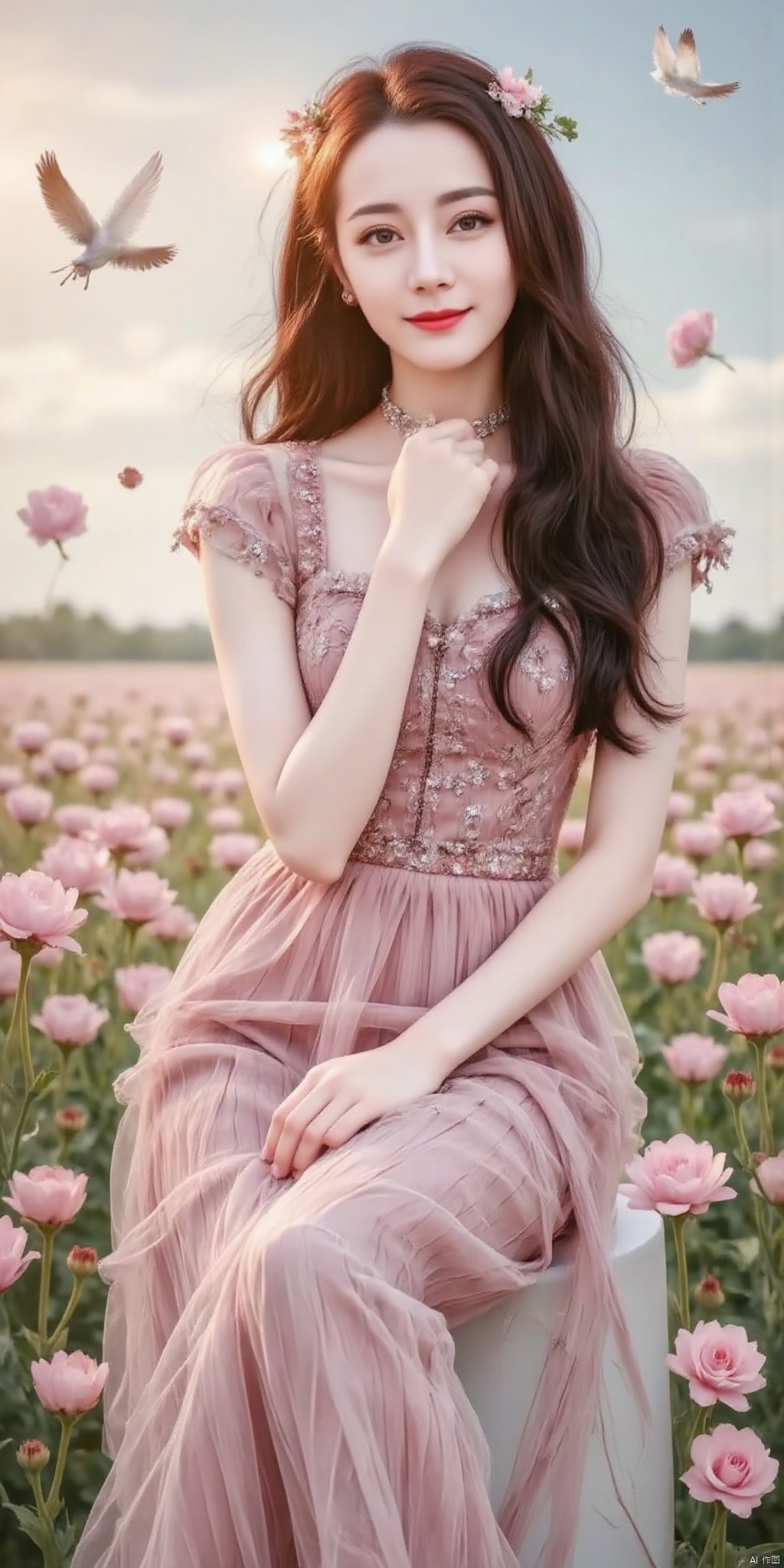 ((Good anatomical structure)),HDR, UHD, 8K, A real person , Highly detailed, best quality, masterpiece, 1girl, realistic, Highly detailed, (EOS R8, 50mm, F1.2, 8K, RAW photo:1.2), ultra realistic 8k cg, good anatomy,1 girl, solo focus,peafect body,Long hair,Messy hair,Bangs,hair between eyes,Sidelocks,Hair over shoulder,very long hair,shiny hair,floating hair,Bright eyes,big eyes,detailed eyes,beautiful eyes,hair ornament,hair flower,choker,frilled dress with lace,long dress,pleated dress,[loli],,outdoors,water,flower,sitting in the ((sea of flowers)), flower field,meadow,beautiful detailed sky,feather,nature,(sunlight), skirt up,,moist skin, shiny skin, glossy skin, (best illumination, best shadow, extremely delicate and beautiful), perfect lighting, original, highres, dynamic angle, floating,depth of field, caustics,lens flare,warm lighting,(official art,beautiful and aesthetic:1.2),beautiful face, ultra detailed eyes, looking_at_viewer,kind smile,pose for picture,,glint sparkle,,solo