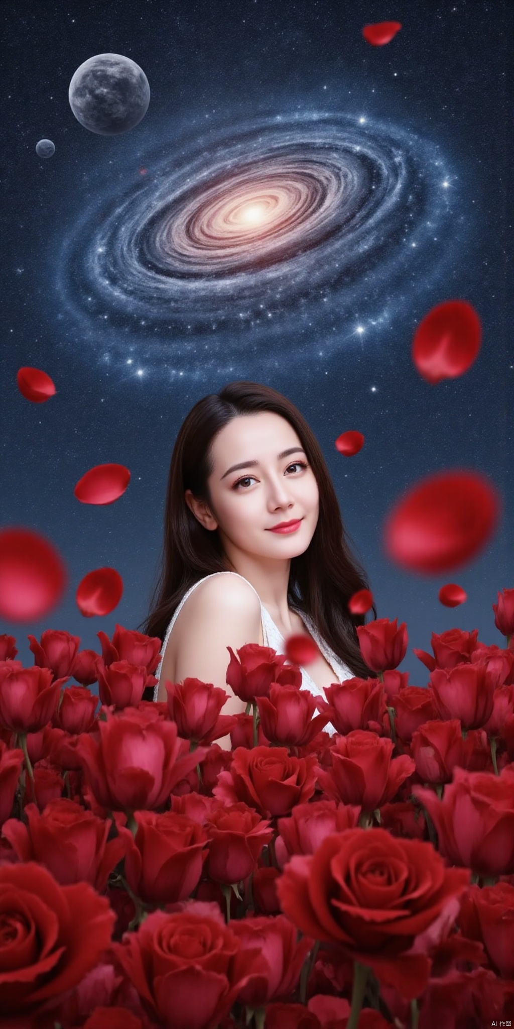 yilin, DSLR Quality,Depth of field ,looking_at_viewer,Dynamic pose, , kind smile,1girl , 8k resolution, Masterpiece quality, High detail. from below, Fantasy theme, cropped. {(1 girl:1.5),(close to viewer:1.8), ((looking at viewer:2), beautiful face, ), ((worm's eye shot:1.2)),perspective distortion}, (Panoramic view, fisheye lens effect:1.1). {(Strong backlighting, underexposure:1.4), (blocked shadows:0.8), depth of field(at 100mm focal length:1.2)}, (horizon:0.7), low key earth. the starry sky feathering into the background, creating a sense of depth and gradient. Incorporating Droste Effect(an endless repetition and reflection:1.2). Surrounded by fluttering rose petals, reflected or casting dramatic shadows and highlights, {(meteor shower, planets:1.1), (Vermilion Comet:1.3)}. mesmerizing effect, a dreamlike ambiance of infinity. A vortex of rose petals, a starry sky vortex, , as, vortex, tyjf,
