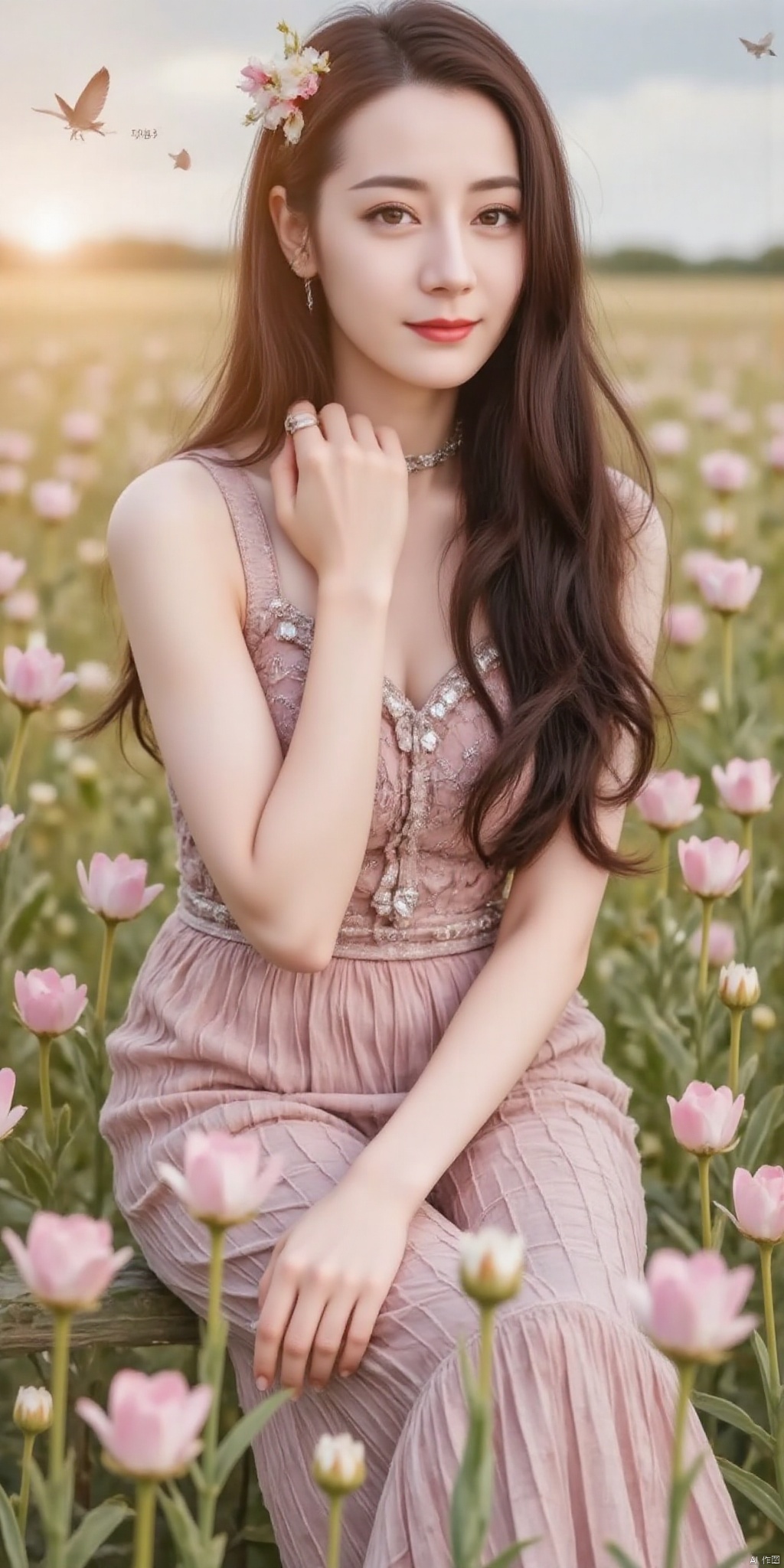 ((Good anatomical structure)),HDR, UHD, 8K, A real person , Highly detailed, best quality, masterpiece, 1girl, realistic, Highly detailed, (EOS R8, 50mm, F1.2, 8K, RAW photo:1.2), ultra realistic 8k cg, good anatomy,1 girl, solo focus,peafect body,Long hair,Messy hair,Bangs,hair between eyes,Sidelocks,Hair over shoulder,very long hair,shiny hair,floating hair,Bright eyes,big eyes,detailed eyes,beautiful eyes,hair ornament,hair flower,choker,frilled dress with lace,long dress,pleated dress,[loli],,outdoors,water,flower,sitting in the ((sea of flowers)), flower field,meadow,beautiful detailed sky,feather,nature,(sunlight), skirt up,,moist skin, shiny skin, glossy skin, (best illumination, best shadow, extremely delicate and beautiful), perfect lighting, original, highres, dynamic angle, floating,depth of field, caustics,lens flare,warm lighting,(official art,beautiful and aesthetic:1.2),beautiful face, ultra detailed eyes, looking_at_viewer,kind smile,pose for picture,,glint sparkle,,solo