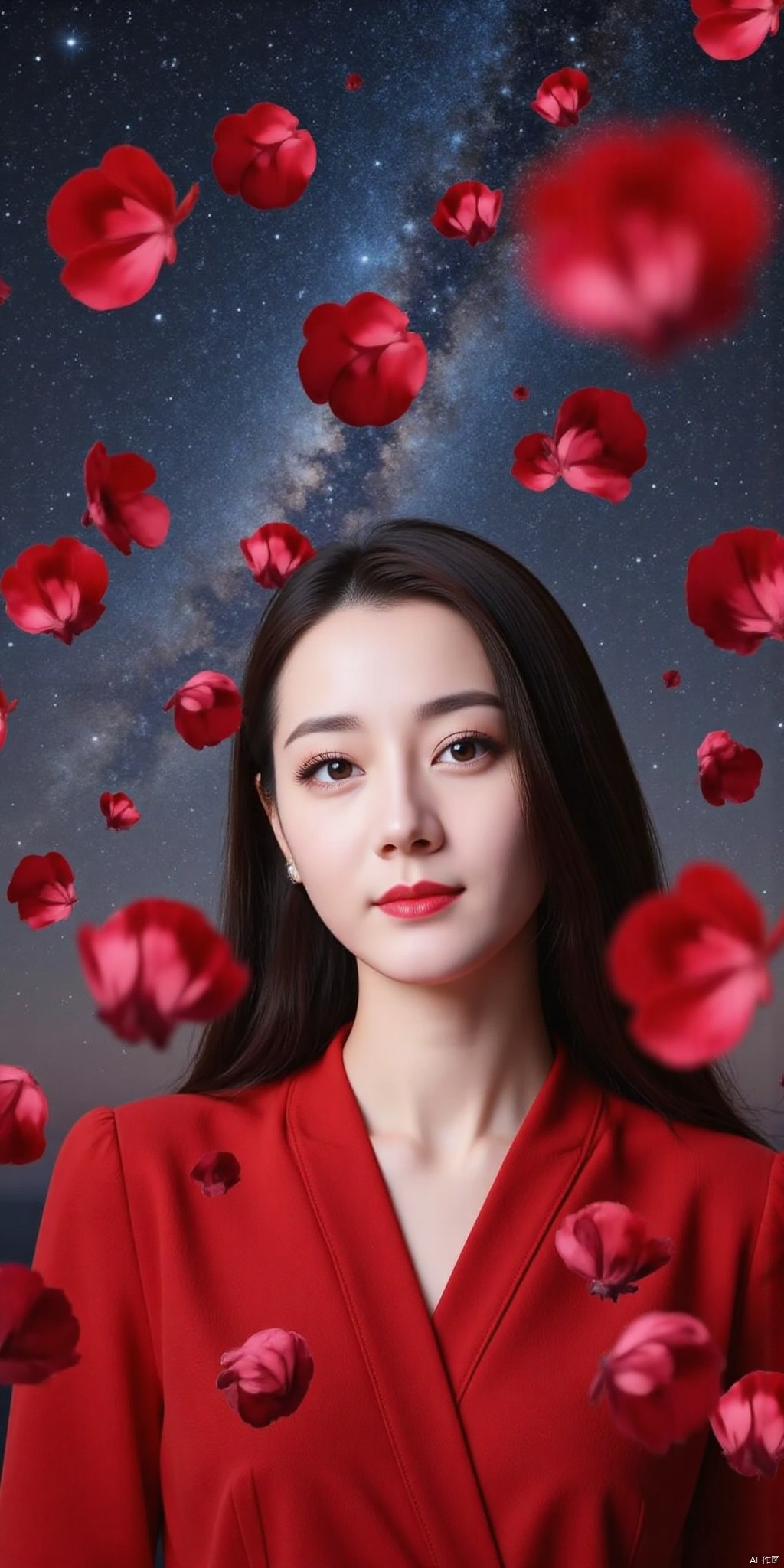 yilin, DSLR Quality,Depth of field ,looking_at_viewer,Dynamic pose, , kind smile,1girl , 8k resolution, Masterpiece quality, High detail. from below, Fantasy theme, cropped. {(1 girl:1.5),(close to viewer:1.8), ((looking at viewer:2), beautiful face, ), ((worm's eye shot:1.2)),perspective distortion}, (Panoramic view, fisheye lens effect:1.1). {(Strong backlighting, underexposure:1.4), (blocked shadows:0.8), depth of field(at 100mm focal length:1.2)}, (horizon:0.7), low key earth. the starry sky feathering into the background, creating a sense of depth and gradient. Incorporating Droste Effect(an endless repetition and reflection:1.2). Surrounded by fluttering rose petals, reflected or casting dramatic shadows and highlights, {(meteor shower, planets:1.1), (Vermilion Comet:1.3)}. mesmerizing effect, a dreamlike ambiance of infinity. A vortex of rose petals, a starry sky vortex, , as, vortex, tyjf,
