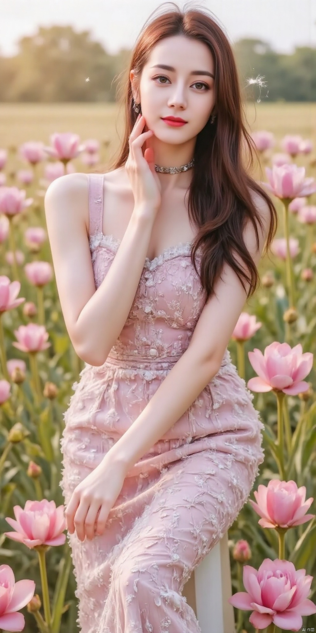 ((Good anatomical structure)),HDR, UHD, 8K, A real person , Highly detailed, best quality, masterpiece, 1girl, realistic, Highly detailed, (EOS R8, 50mm, F1.2, 8K, RAW photo:1.2), ultra realistic 8k cg, good anatomy,1 girl, solo focus,peafect body,Long hair,Messy hair,Bangs,hair between eyes,Sidelocks,Hair over shoulder,very long hair,shiny hair,floating hair,Bright eyes,big eyes,detailed eyes,beautiful eyes,hair ornament,hair flower,choker,frilled dress with lace,long dress,pleated dress,[loli],,outdoors,water,flower,sitting in the ((sea of flowers)), flower field,meadow,beautiful detailed sky,feather,nature,(sunlight), skirt up,,moist skin, shiny skin, glossy skin, (best illumination, best shadow, extremely delicate and beautiful), perfect lighting, original, highres, dynamic angle, floating,depth of field, caustics,lens flare,warm lighting,(official art,beautiful and aesthetic:1.2),beautiful face, ultra detailed eyes, looking_at_viewer,kind smile,pose for picture,,glint sparkle,,solo