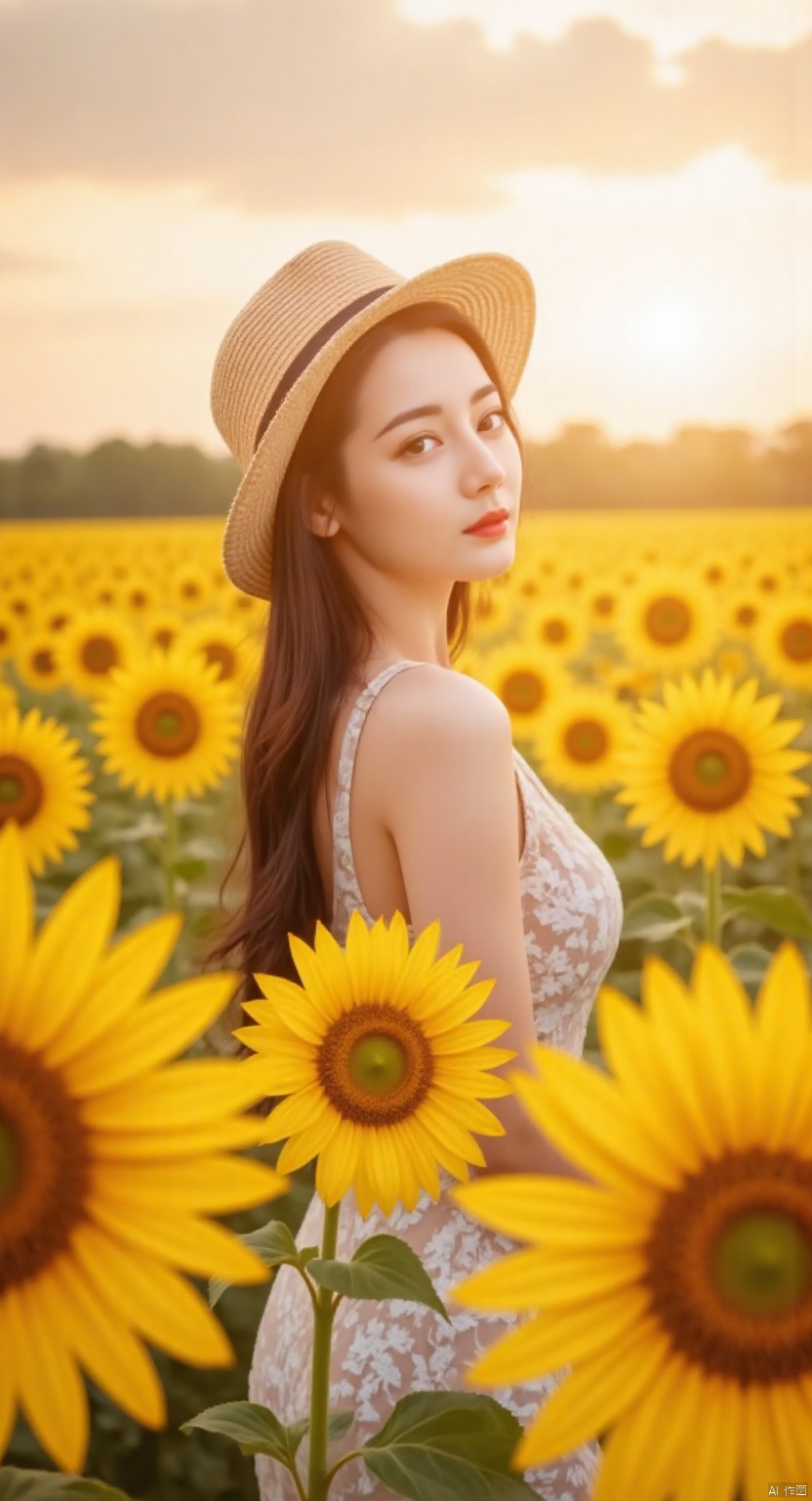 ,wangyushan,((Girl in straw hat looking back in a field of sunflowers)), (backlight), (best illumination, best shadow, an extremely delicate and beautiful), Girl on the center axis of the picture, small breasts, ((Sunflowers with the ultimate in detail)), beautiful detailed sky, Perfect body, (beautiful detailed face), extremely delicate and beautiful girls, Sunflower fields at sunset, sunset, black hair, beautiful detailed cloud, (((extremely detailed CG unity 8k wallpaper, masterpiece, best quality, ultra-detailed))), dynamic angle, floating, finely detail, (bloom), (shine), glinting stars, feather,nature,(sunlight), fairyland, (((The character is in the center of the frame)))