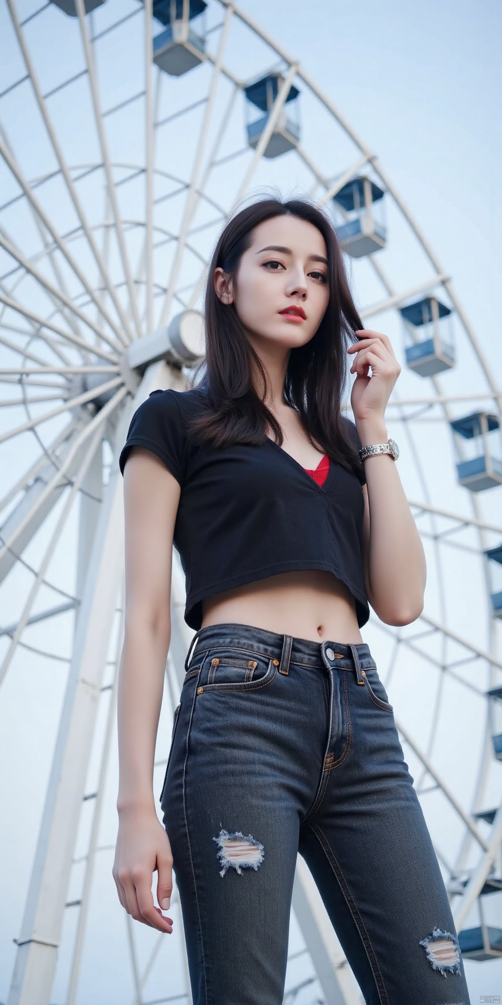 This photograph captures a young woman standing in front of a large Ferris wheel, taken from a low, upward angle. She has light skin and long, black hair that is slightly tousled. She is wearing a black, short-sleeved crop top and high-waisted,part of red bra can be seen, dark-wash skinny jeans with ripped knees, emphasizing a casual, edgy style. Her left hand is lifted, running through her hair, while her right arm hangs by her side. She wears a silver bracelet on her right wrist. The Ferris wheel behind her is illuminated with white lights, creating a contrast against the pale blue sky. The composition follows the rule of thirds, with the woman positioned off-center to the right, leading the viewer's eye up to the Ferris wheel. The lighting is natural, likely from the sun, providing even illumination without harsh shadows. The overall mood of the image is casual and adventurous, capturing a moment of youthful spontaneity.