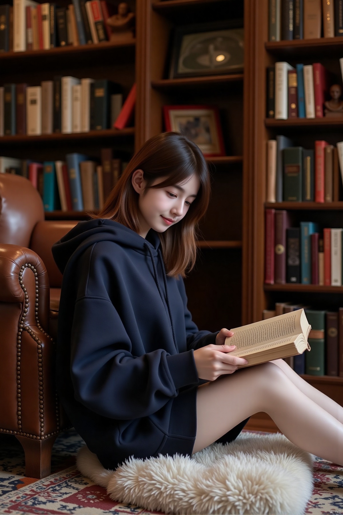 Inside the estate's cozy library, a young Asian woman with shoulder-length, chestnut hair and a gentle smile sits cross-legged on a plush rug. Her hair is styled in a simple, neat manner, framing her oval face. She is wearing a borrowed long hoodie in a deep navy blue, which contrasts with her warm skin tone. The hoodie is slightly oversized, allowing her long sleeves to cascade down her arms. Her posture is relaxed as she reads a book, one leg bent under her, revealing her thighs. The shot is taken from a side angle, capturing her in profile against the backdrop of towering bookshelves filled with classic novels, creating a sense of tranquility and intellectual charm.